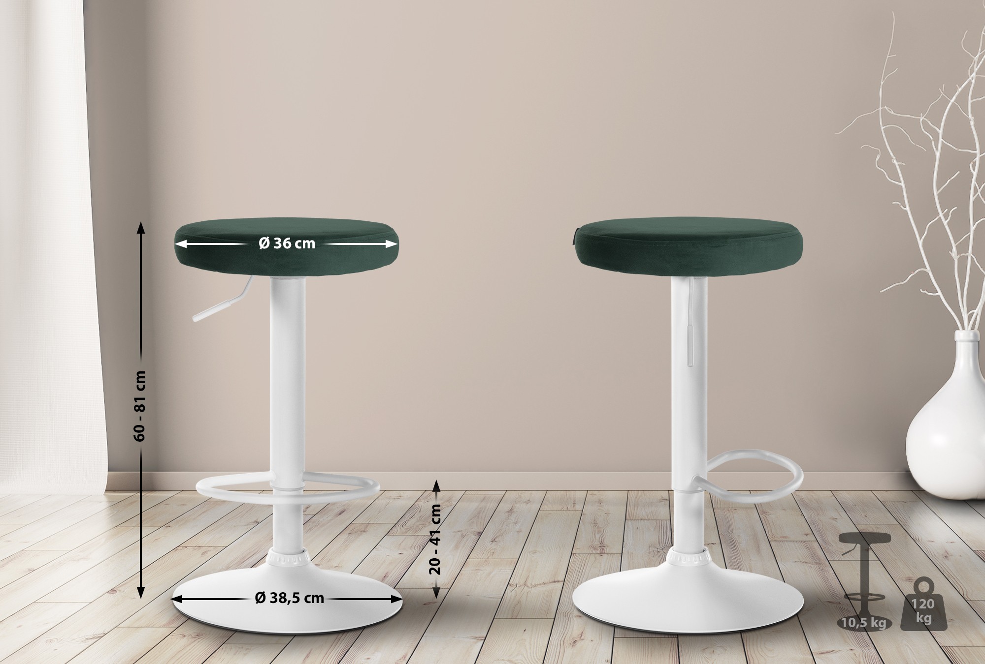 2er Set Barhocker Ponte Samt weiß, grün
