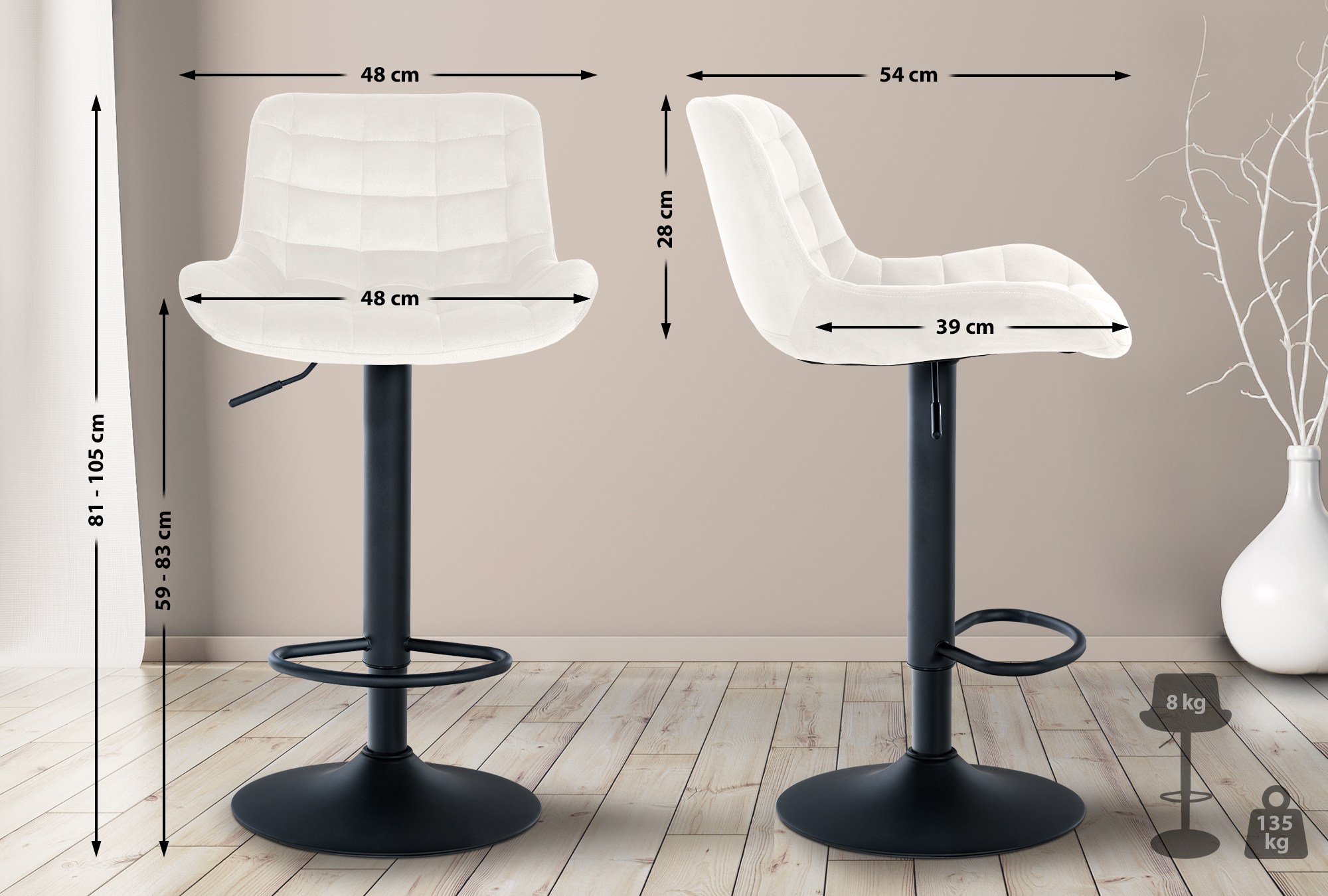 2er Set Barhocker Tover Samt, creme