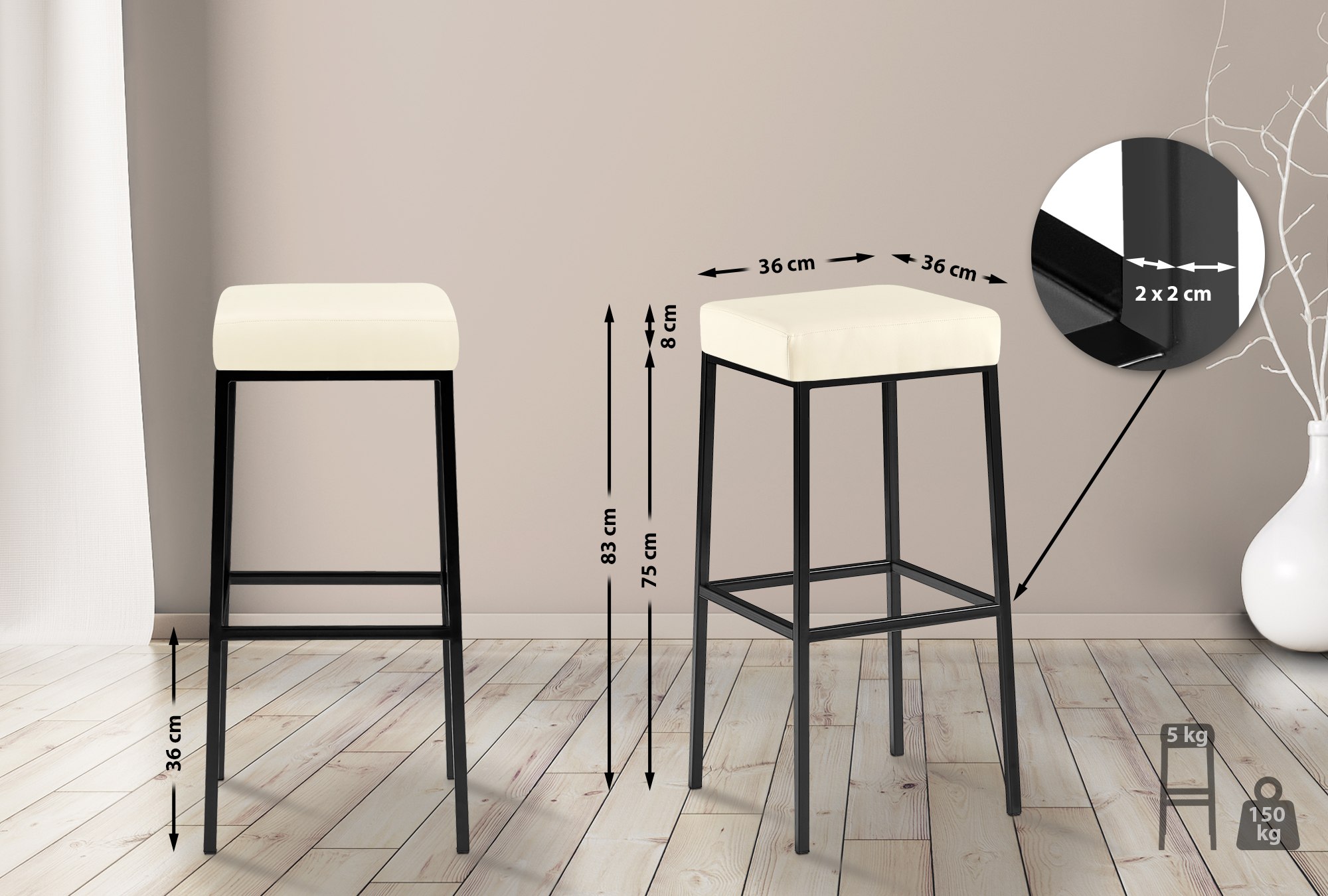 2er Set Barhocker Montreal 85 Kunstleder schwarz, creme
