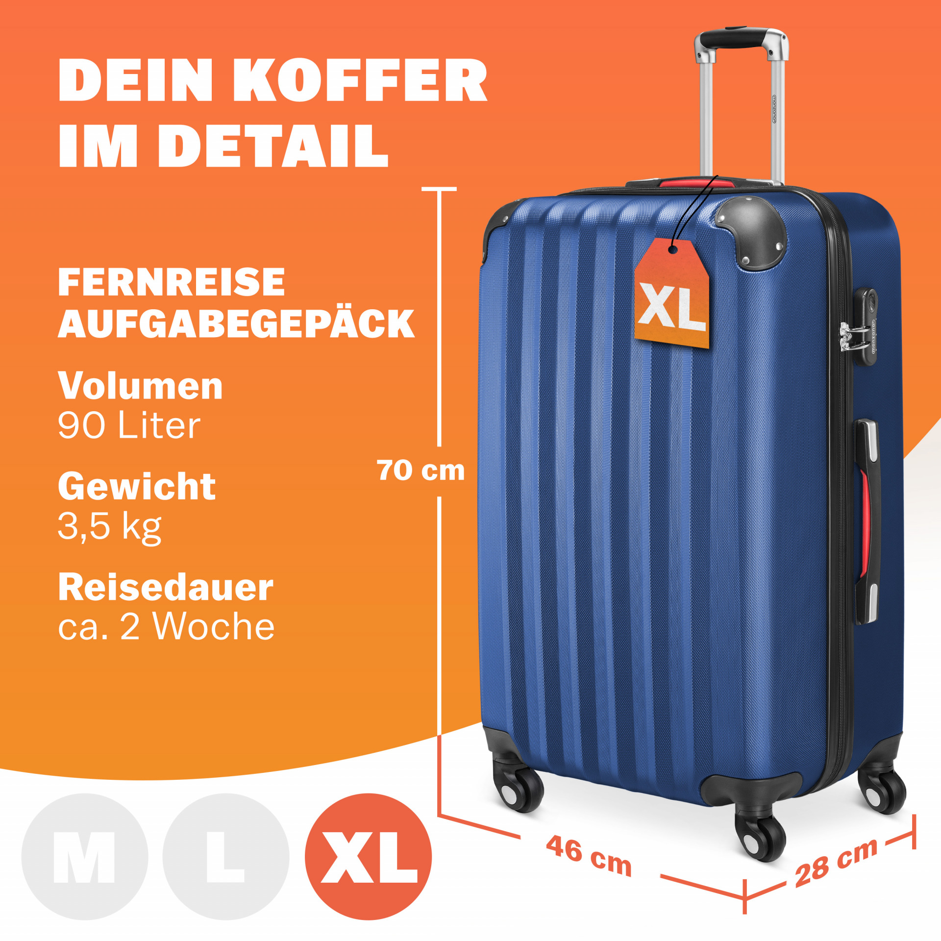 Hartschalenkoffer XL Rollen 360º Reisekoffer 90L Blau ABS