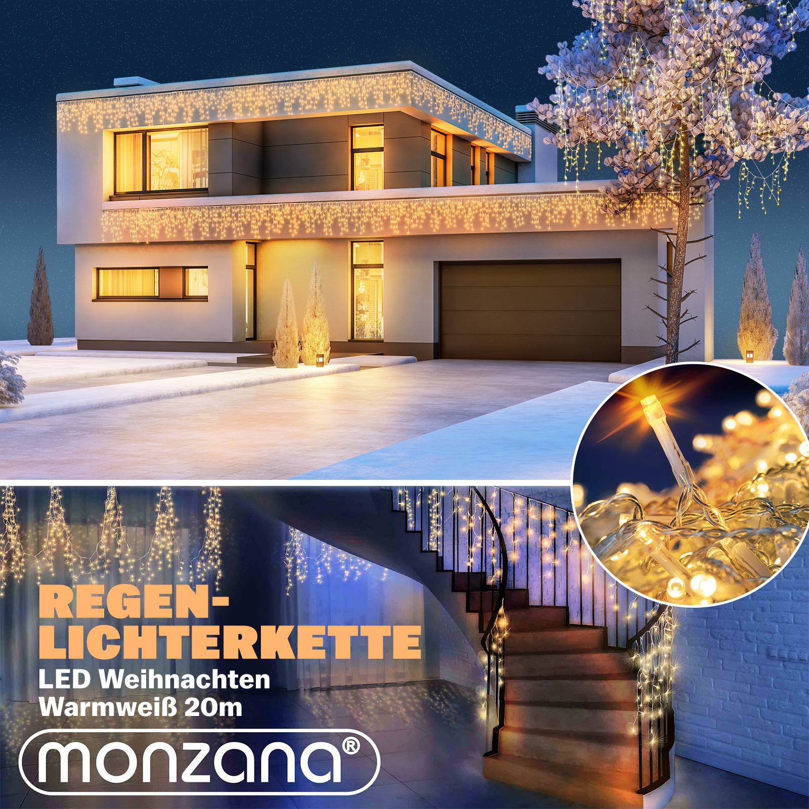 Regenlichterkette LED Warmweiß 20m Fernbedienung