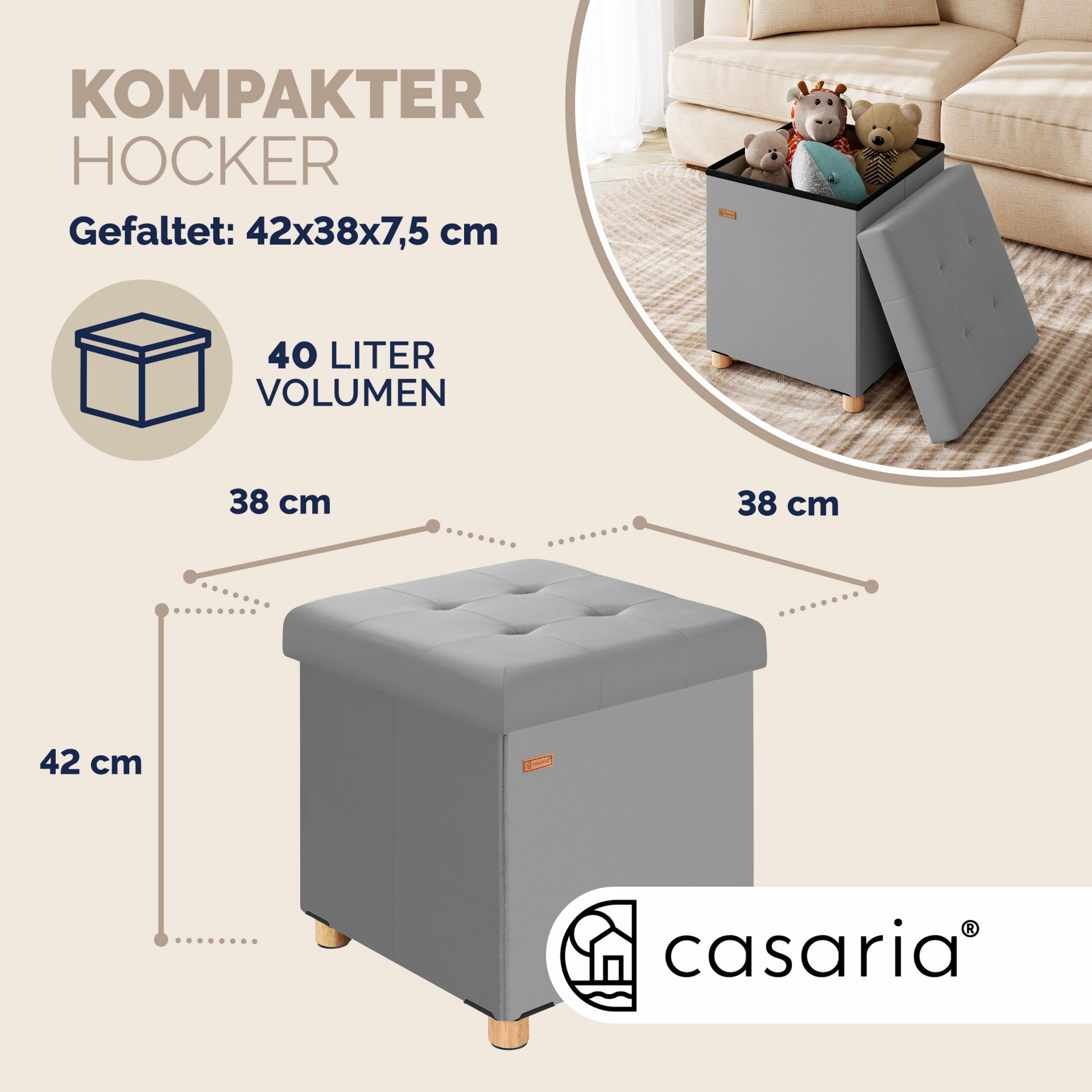 Sitzhocker Grau Samt 42x38x38cm faltbar