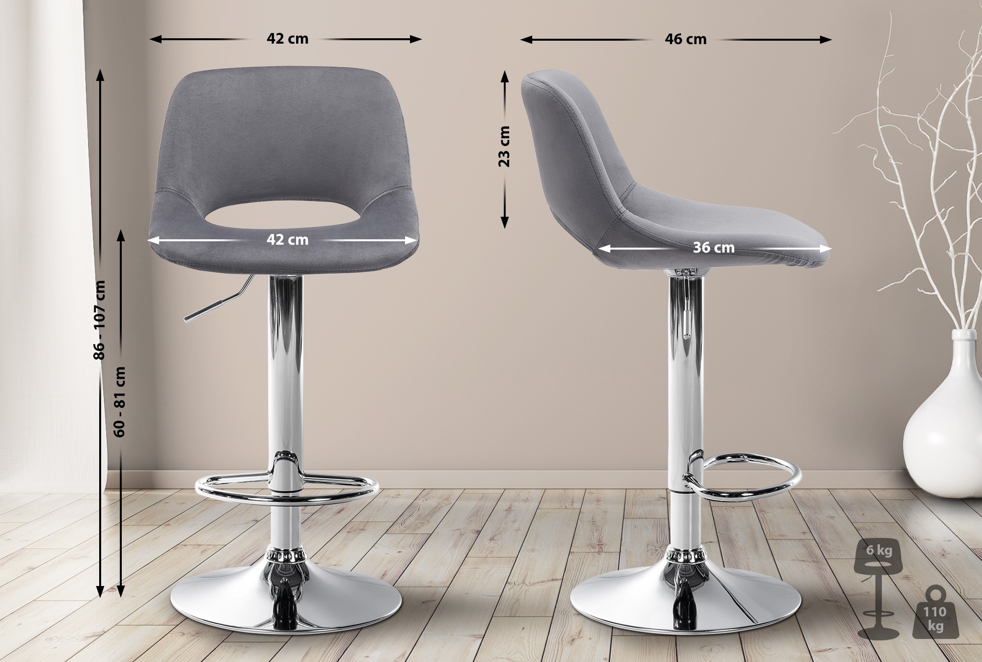 2er Set Barhocker Camden Samt chrom, dunkelgrau