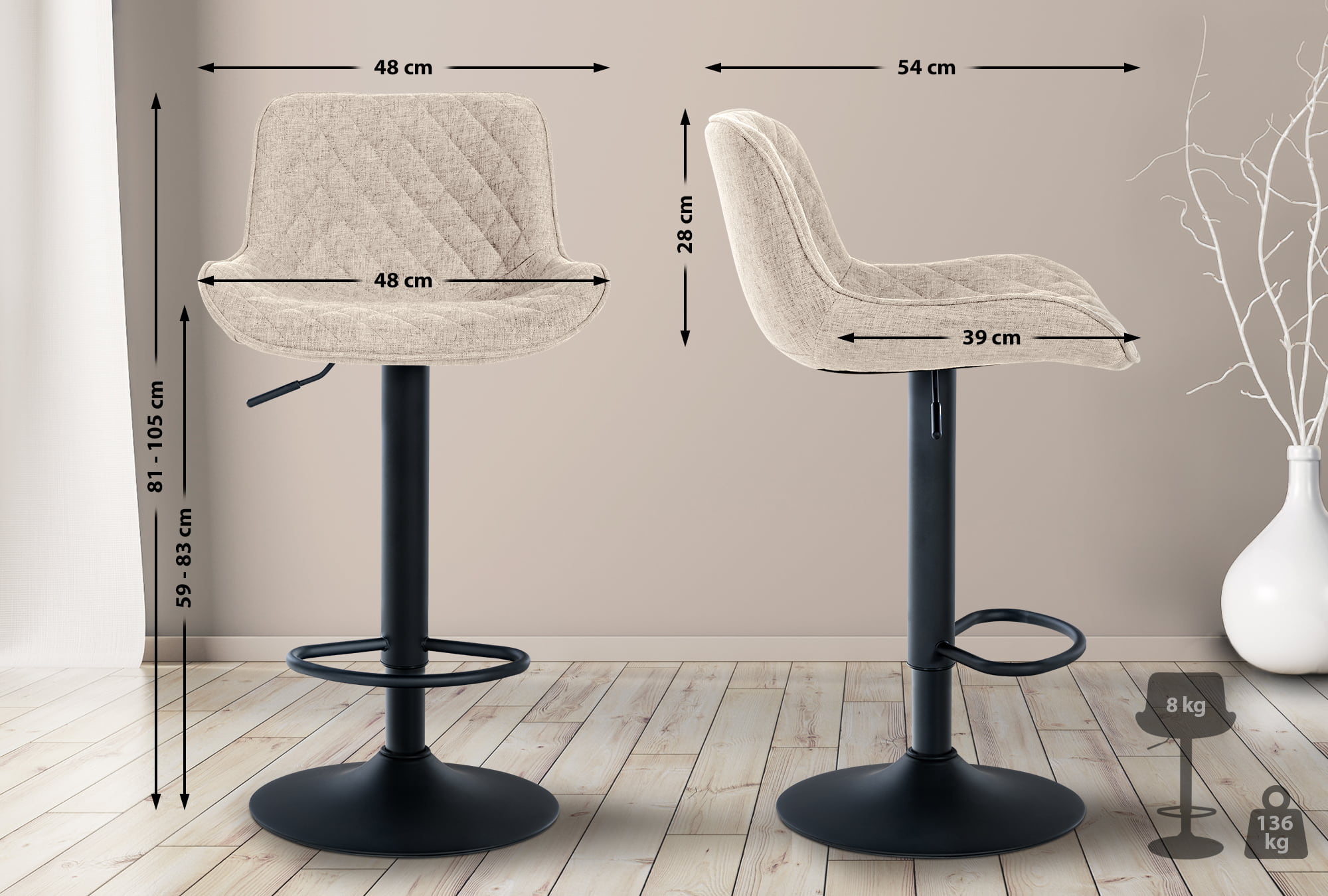 2er Set Barhocker Minosa Stoff, taupe