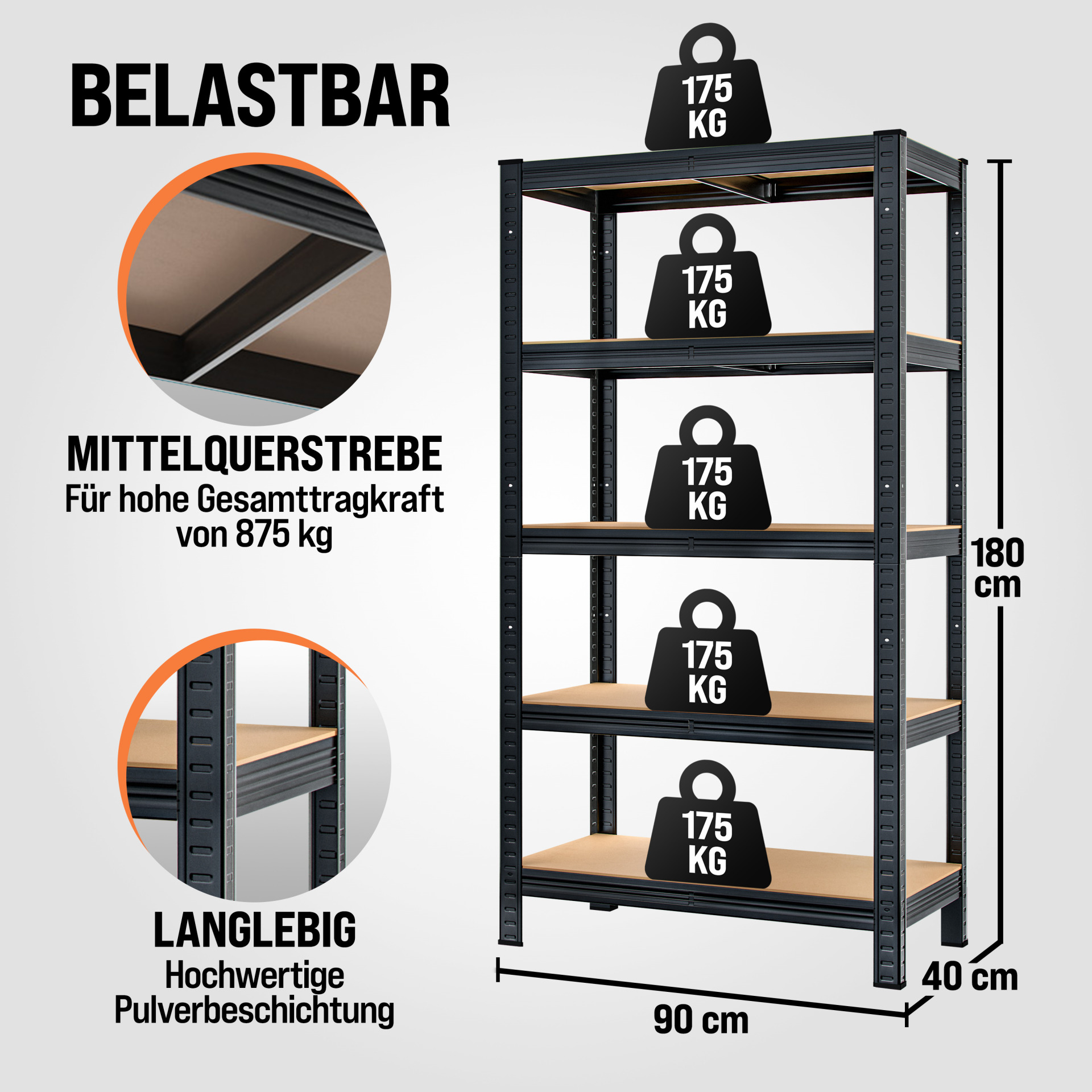 Schwerlastregal 2er-Set Schwarz 180x90x40cm pulverbeschichtet je 875kg