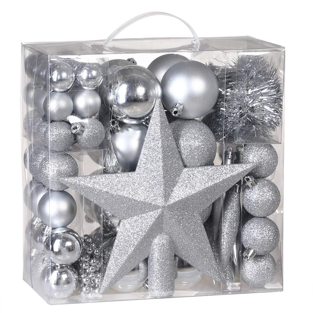 Weihnachtskugeln Silber 77 tlg in matt glänzend + glitzernd