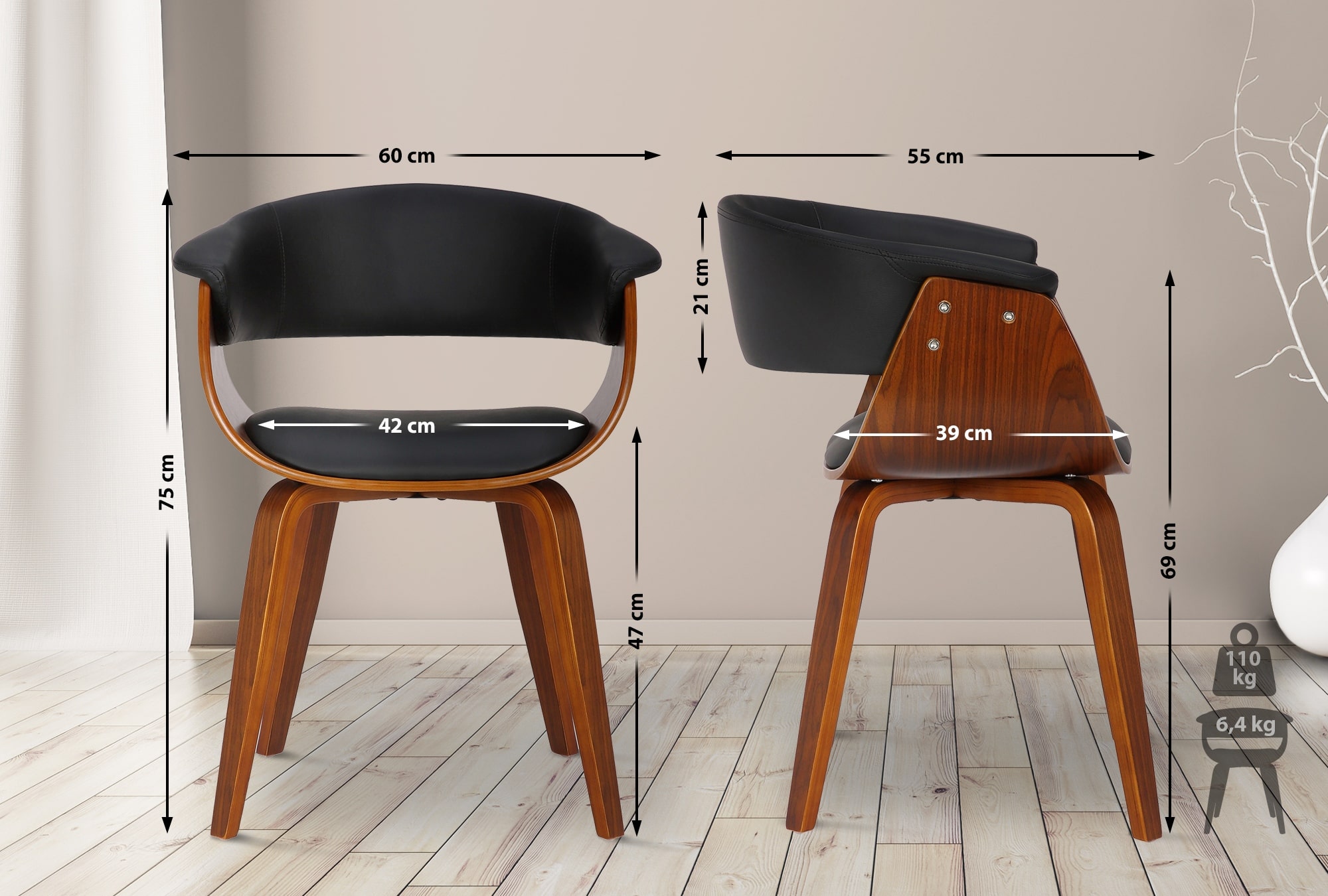 2er Set Stühle Bruce Kunstleder walnuss, schwarz