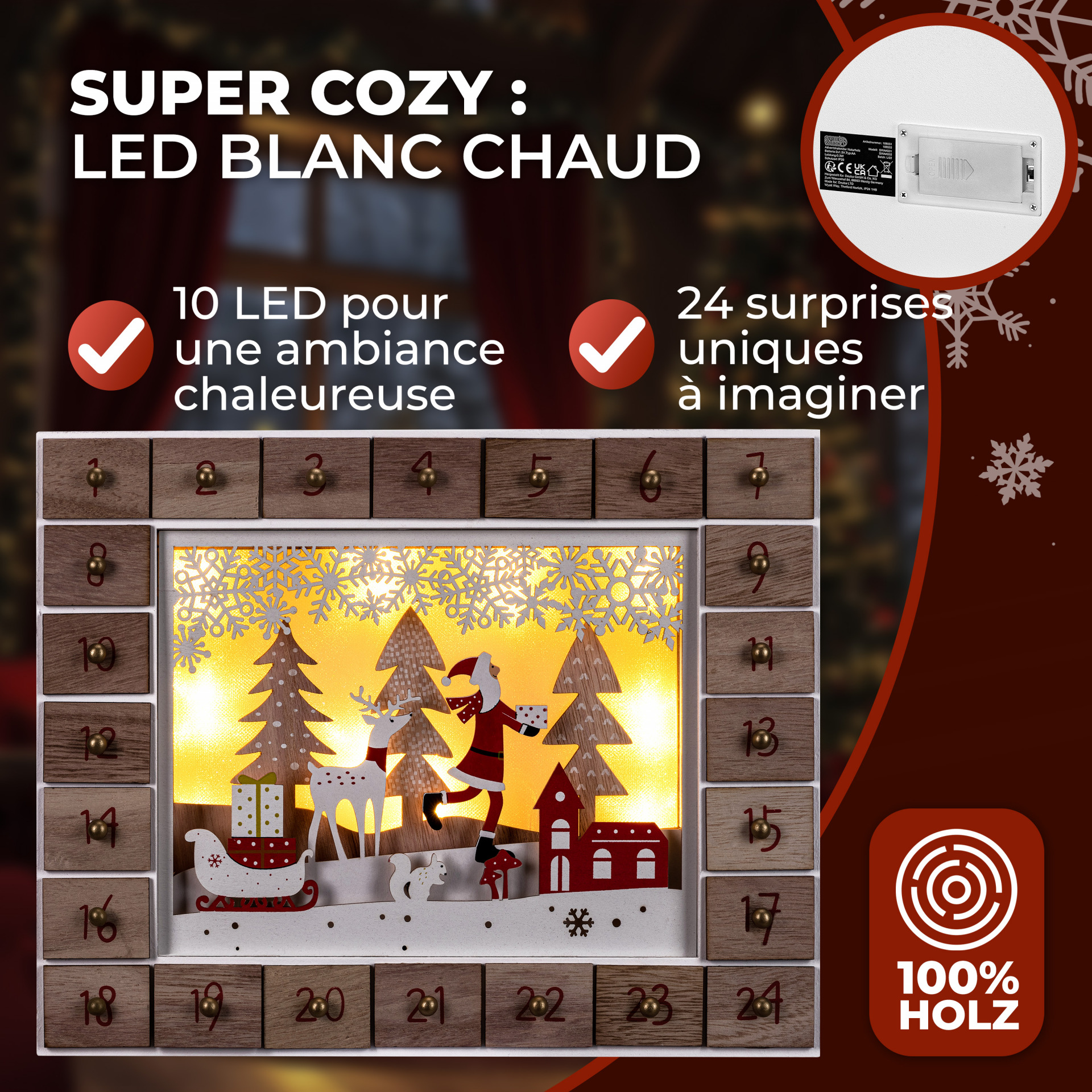 Adventskalender Weihnachtsmann Holz beleuchtet LED