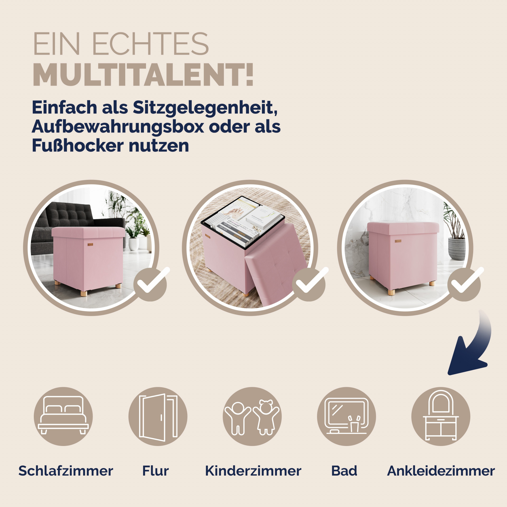 Sitzhocker Rosa Samt 42x38x38cm faltbar