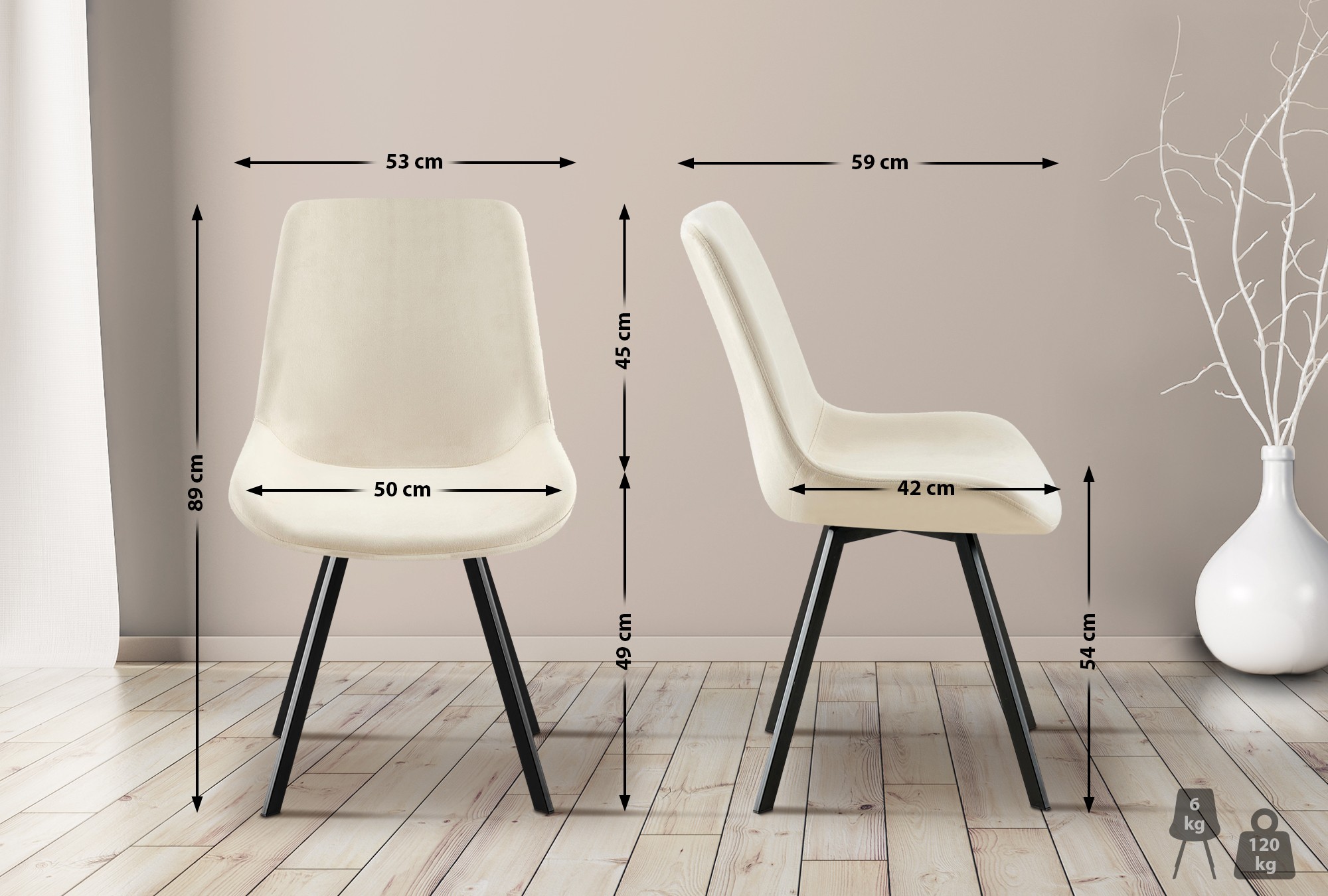 2er Set Esszimmerstuhl Lewes Samt, creme