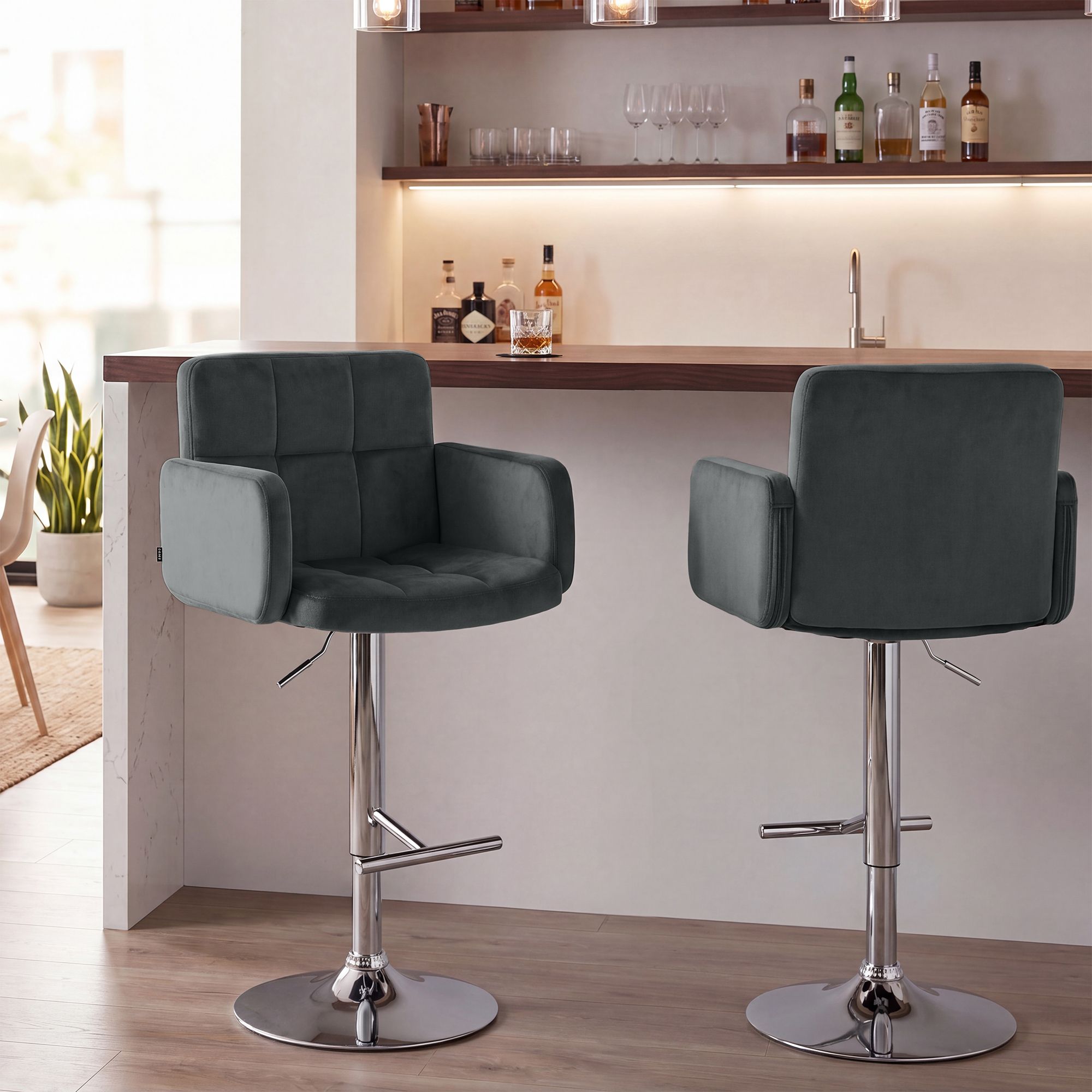 Barhocker Los Angeles Samt chrom, dunkelgrau