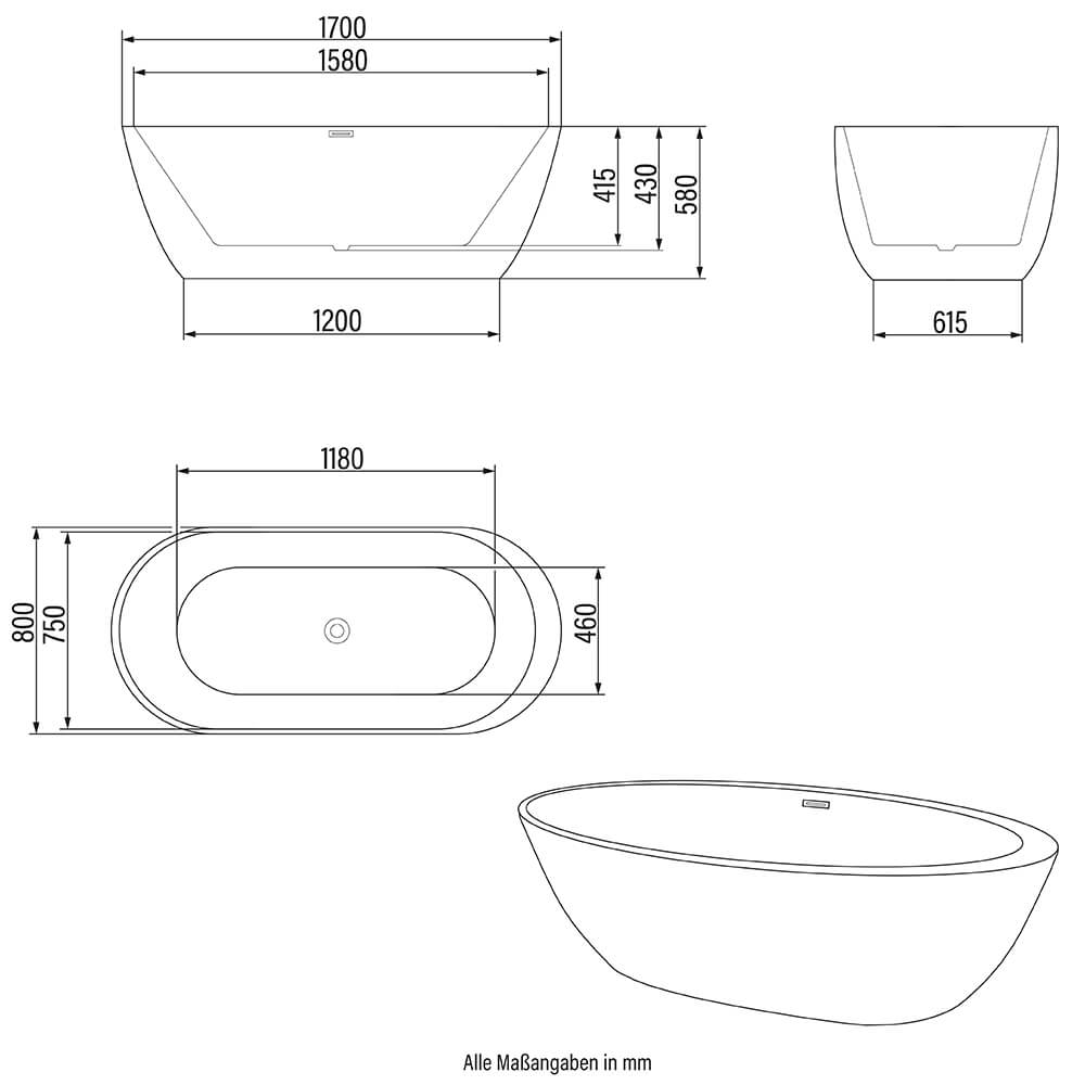 Freistehende Badewanne CODO - 170 x 80 cm Schwarz