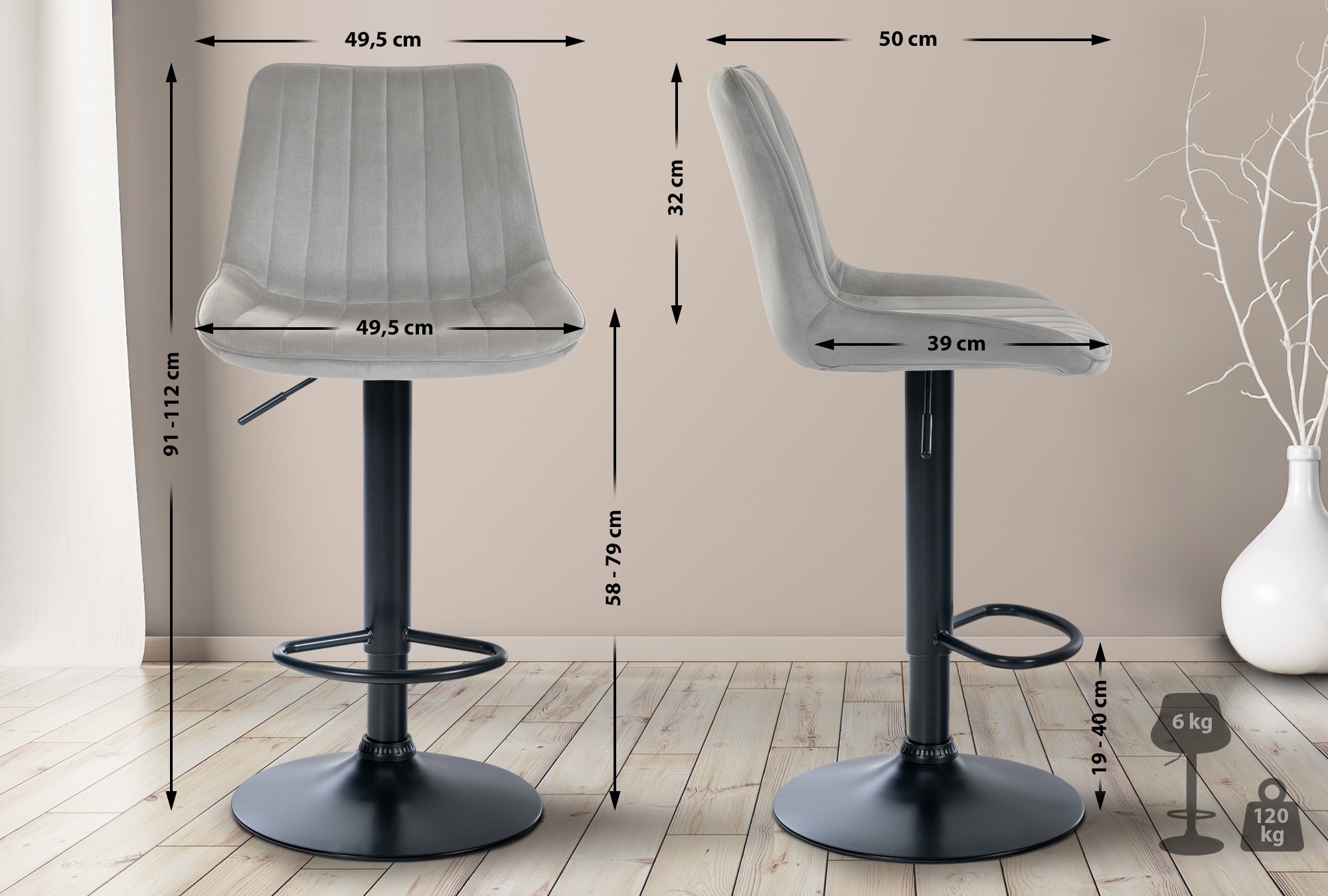 Barhocker Toni Samt schwarz, grau