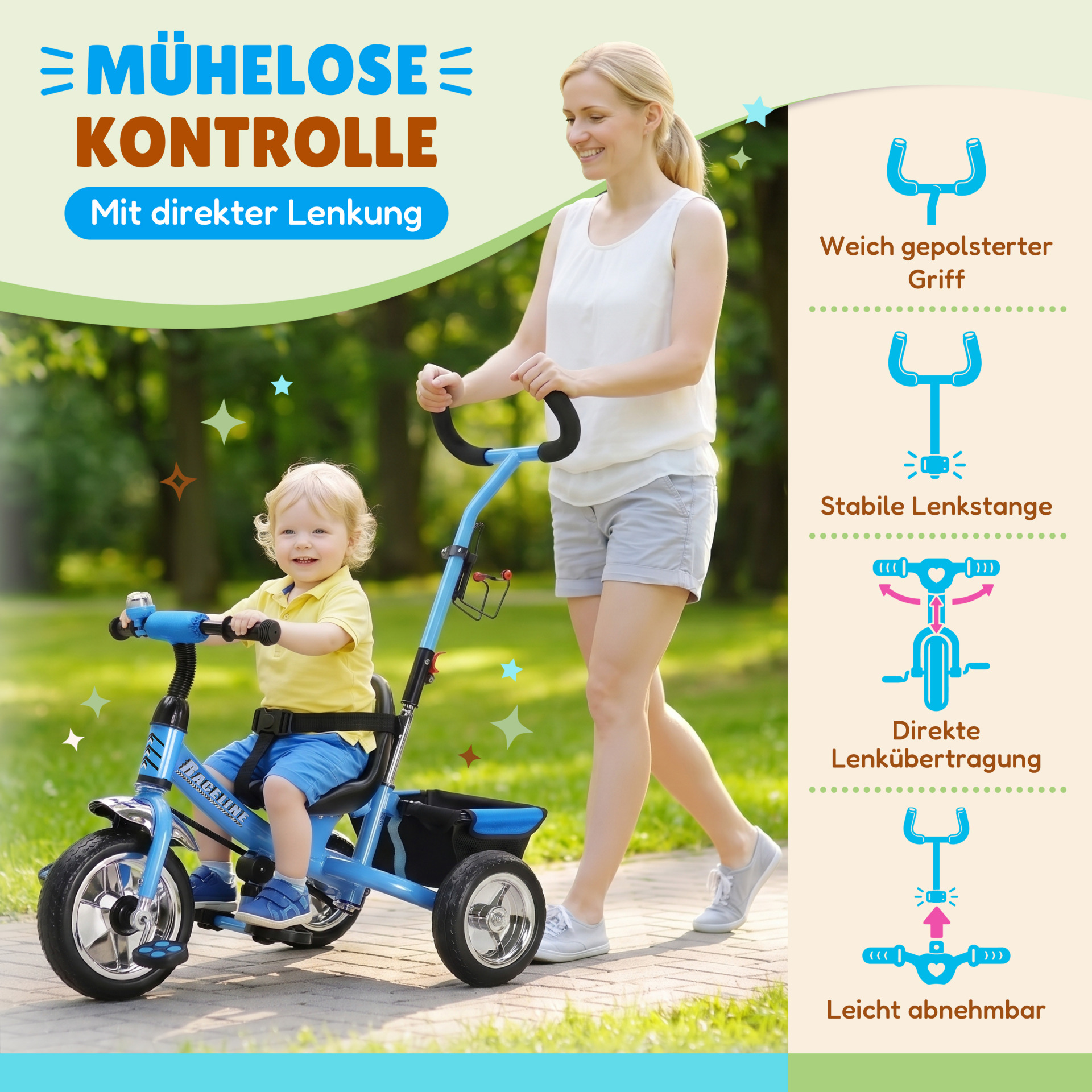 Kinderdreirad Raceline Blau Metall Schiebestange