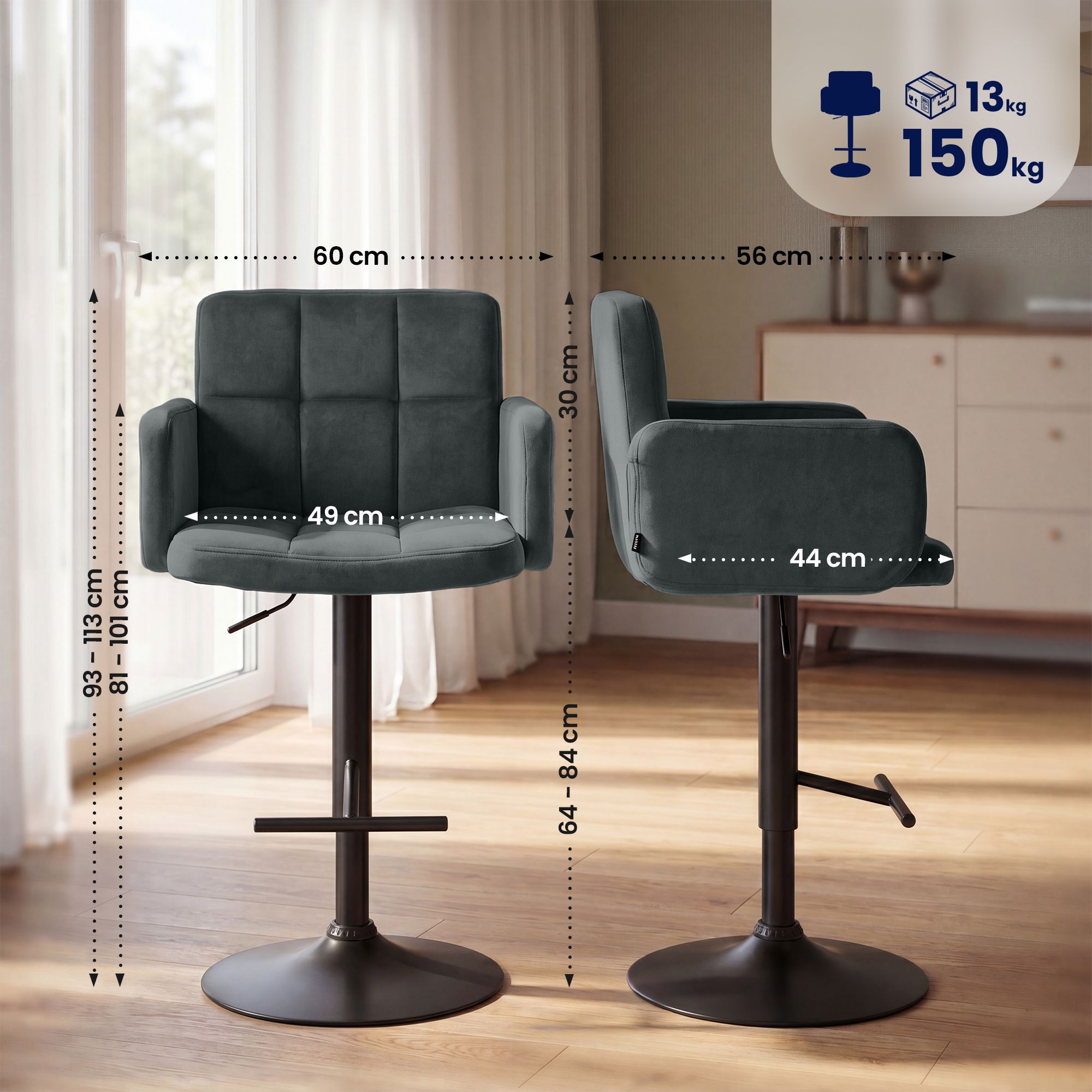 2er Set Barhocker Los Angeles Samt schwarz, dunkelgrau