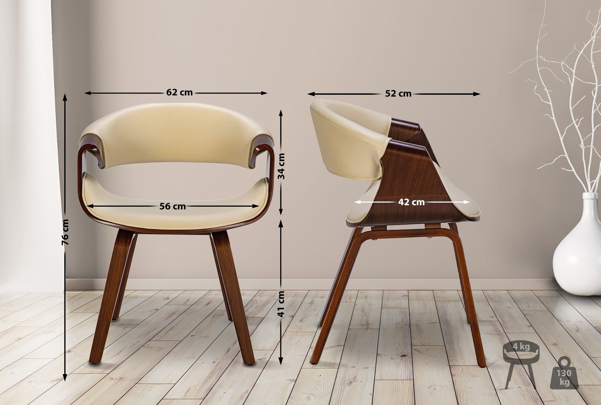 2er Set Esszimmerstuhl Foley Kunstleder, walnuss/creme