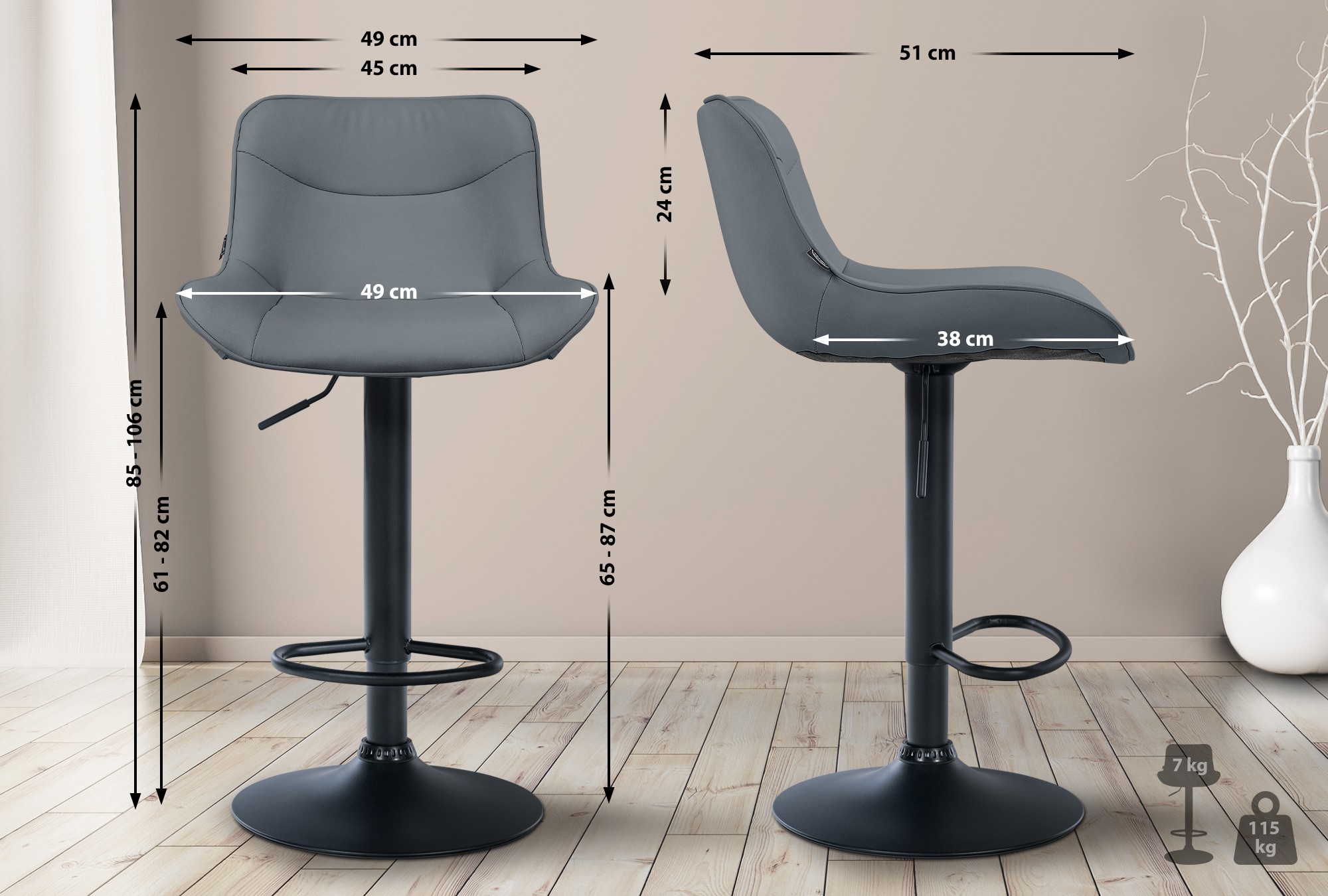 2er Set Barhocker Vonore Kunstleder schwarz, grau