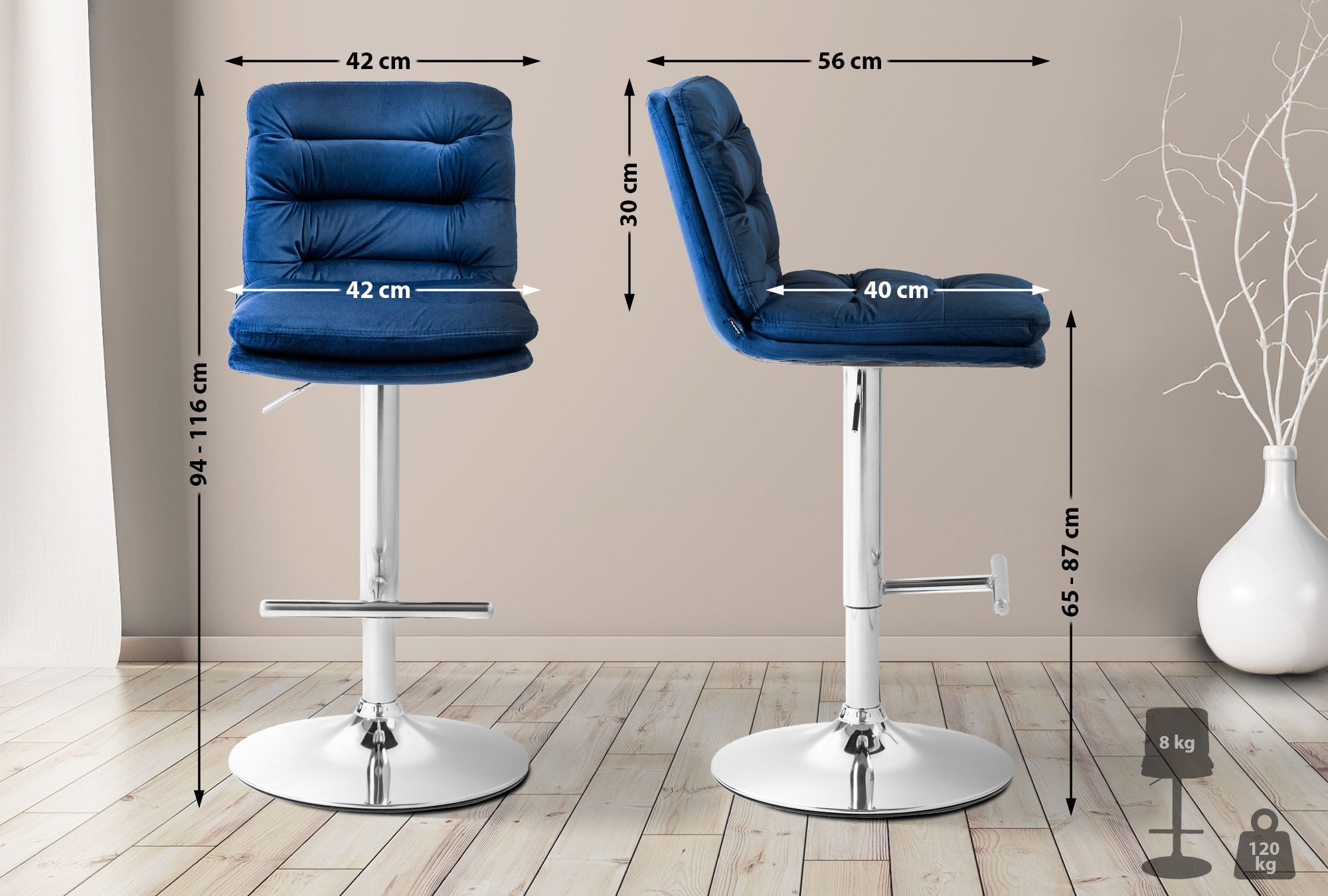Barhocker Damar Samt chrom, blau
