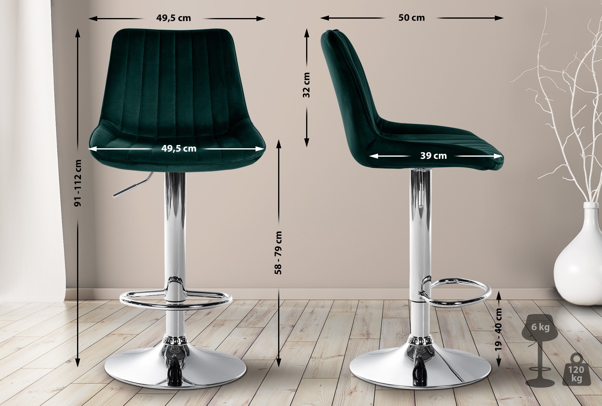 2er Set Barhocker Toni Samt chrom, grün