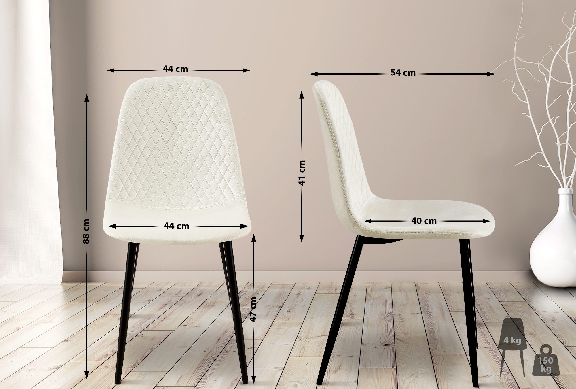4er Set Stühle Giverny Samt, cremeweiß