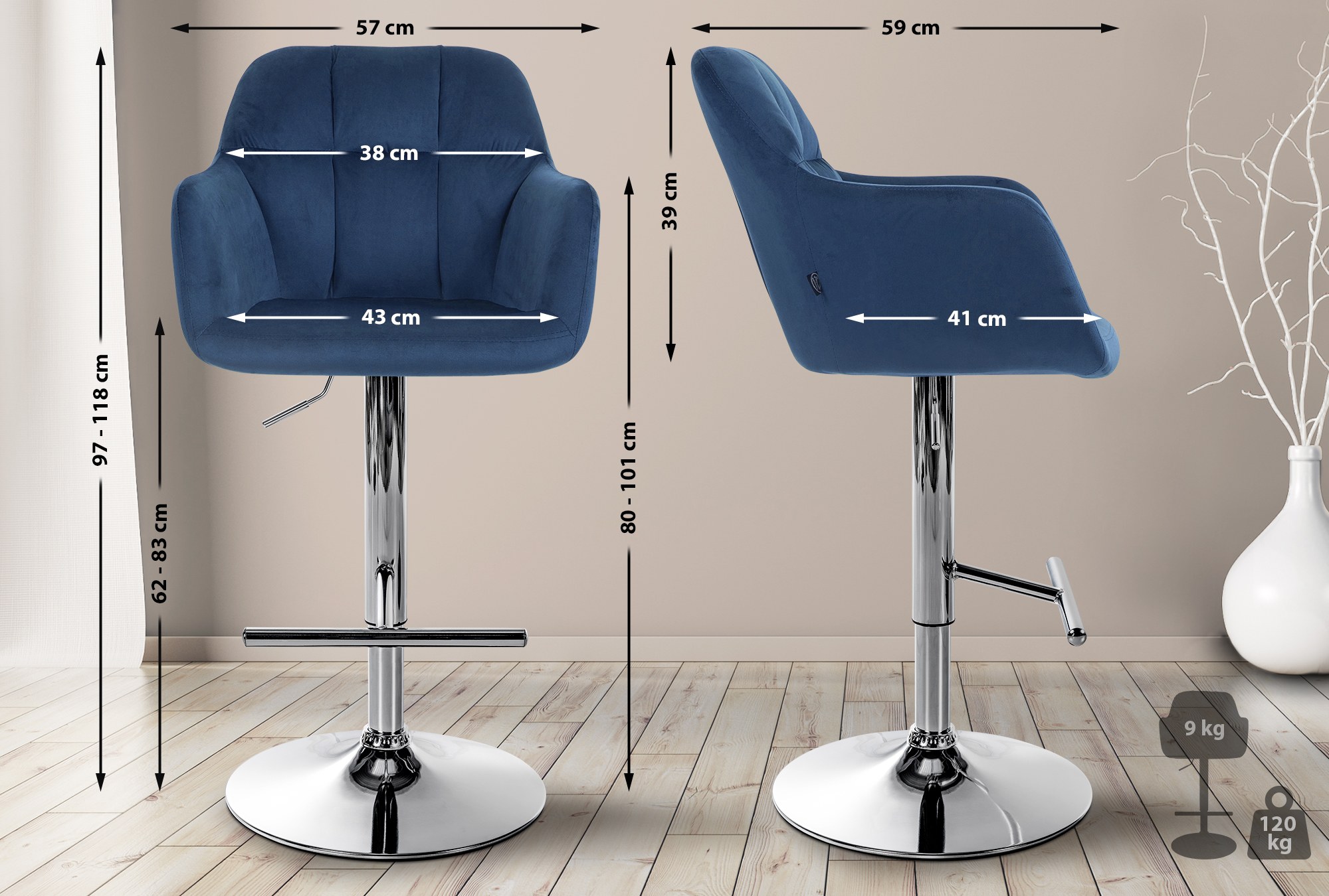 Barhocker Natoma Samt chrom, blau