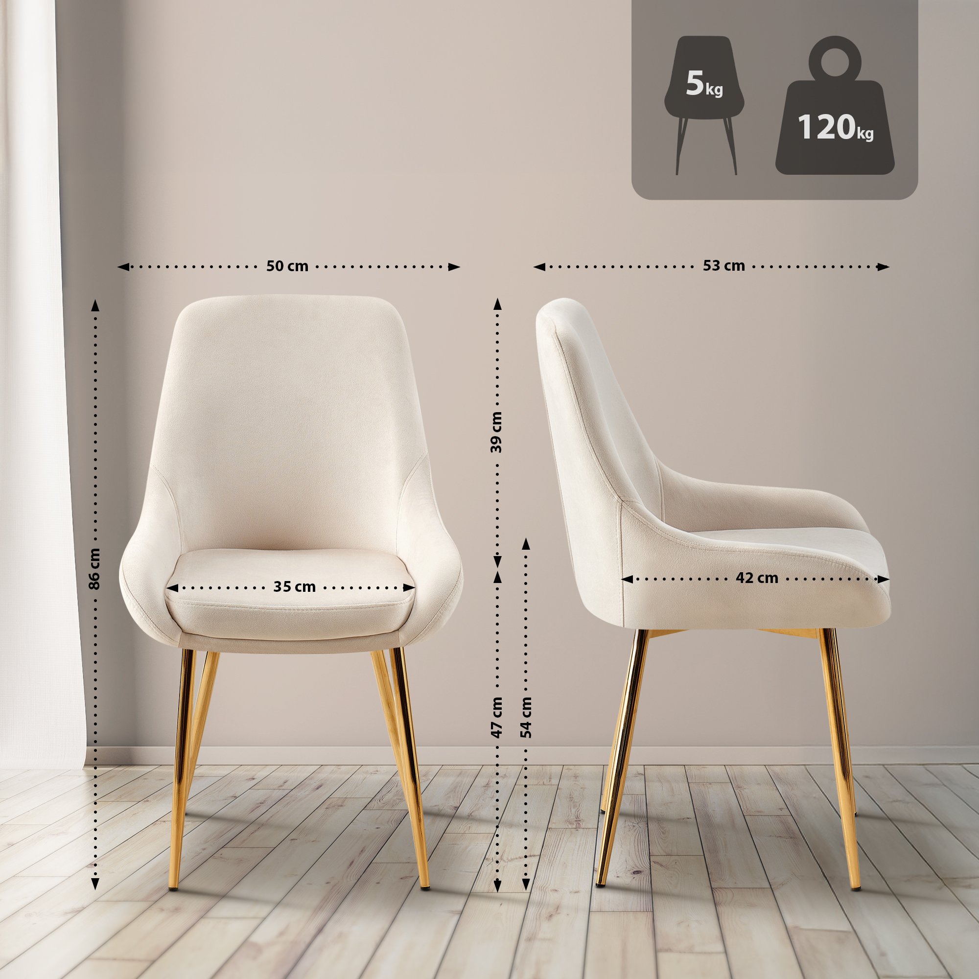 Esszimmerstuhl Elmira Samt gold, creme