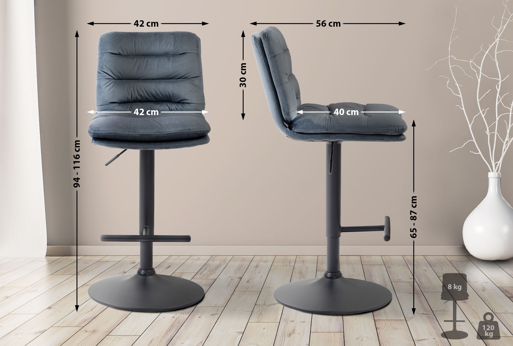 2er Set Barhocker Damar Samt schwarz, dunkelgrau