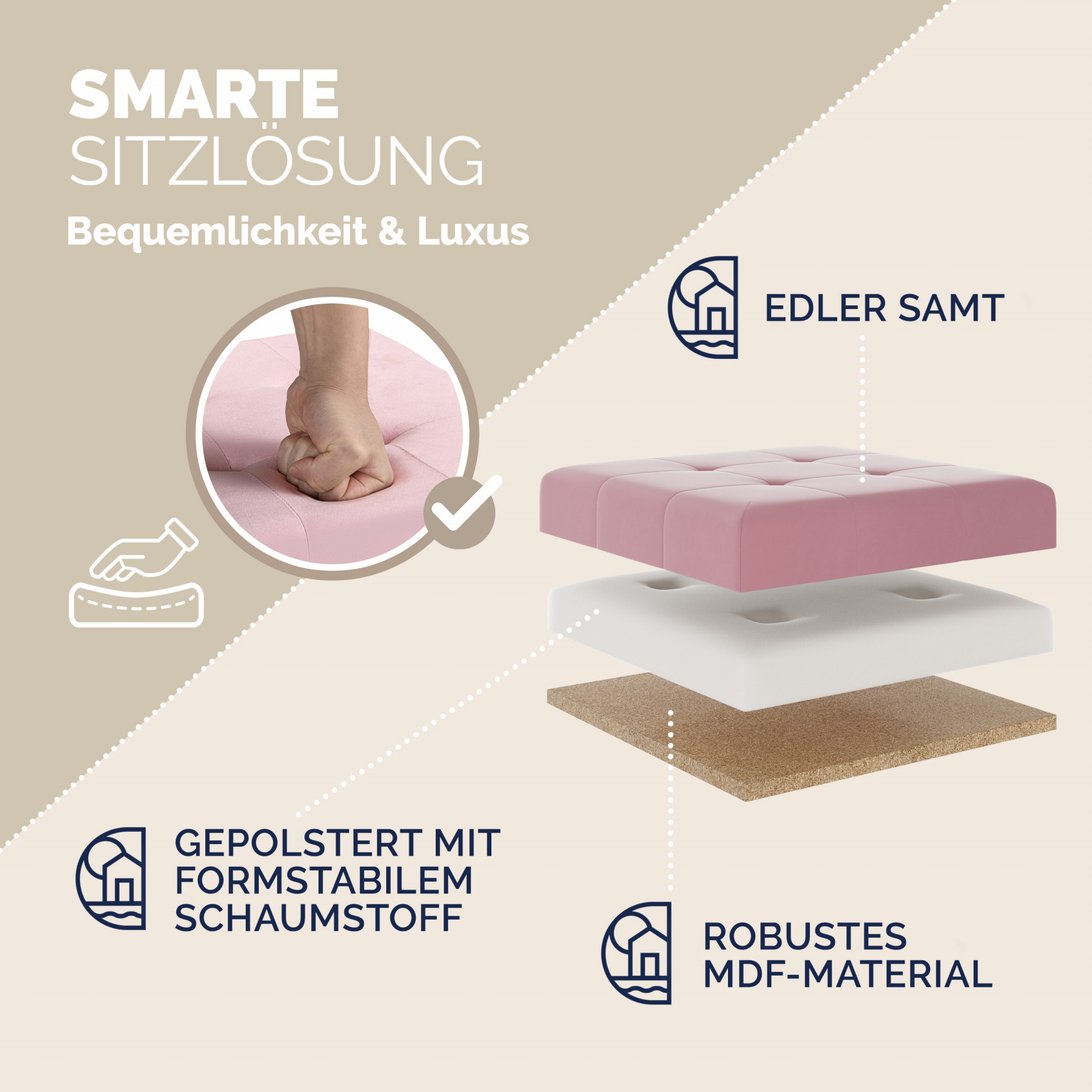 Sitzhocker Rosa Samt 42x38x38cm faltbar