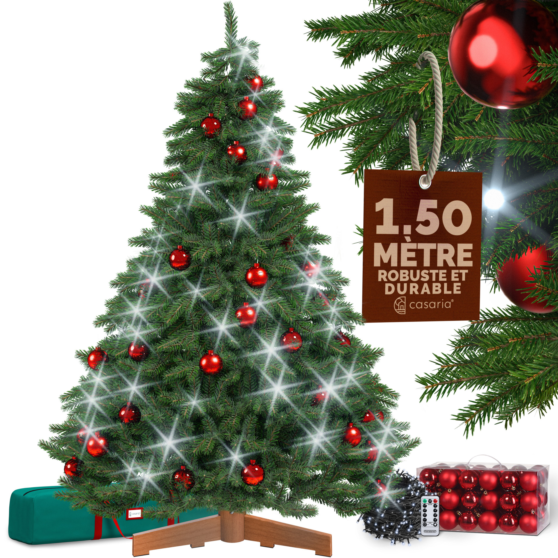 Künstlicher Weihnachtsbaum Premium 150cm + Kugeln Rot + Lichterkette kaltweiß