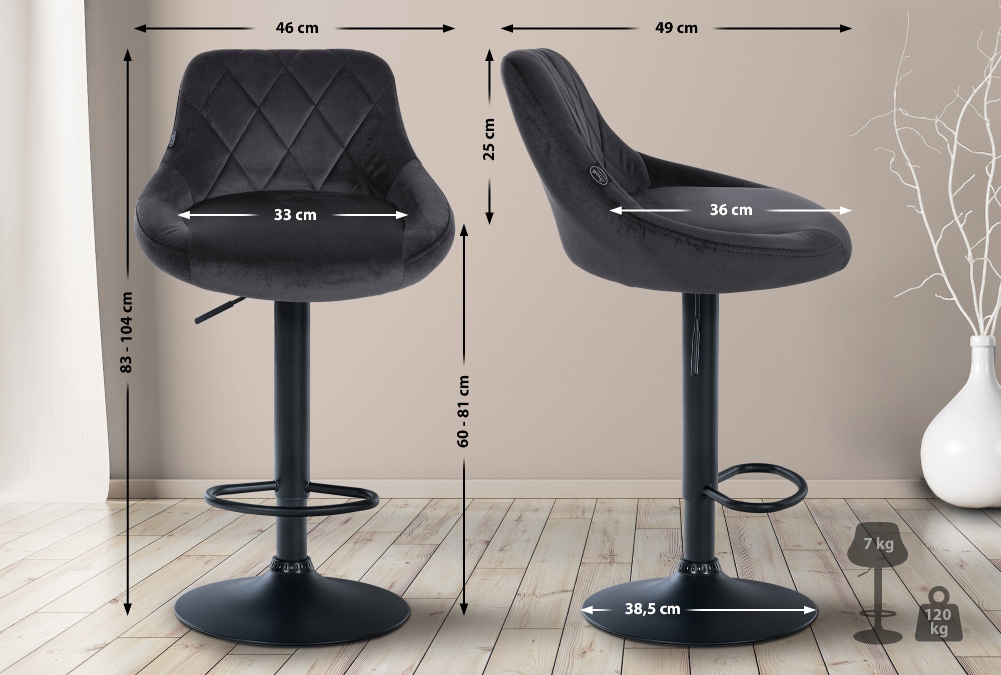 Barhocker Lazio Samt schwarz, dunkelgrau