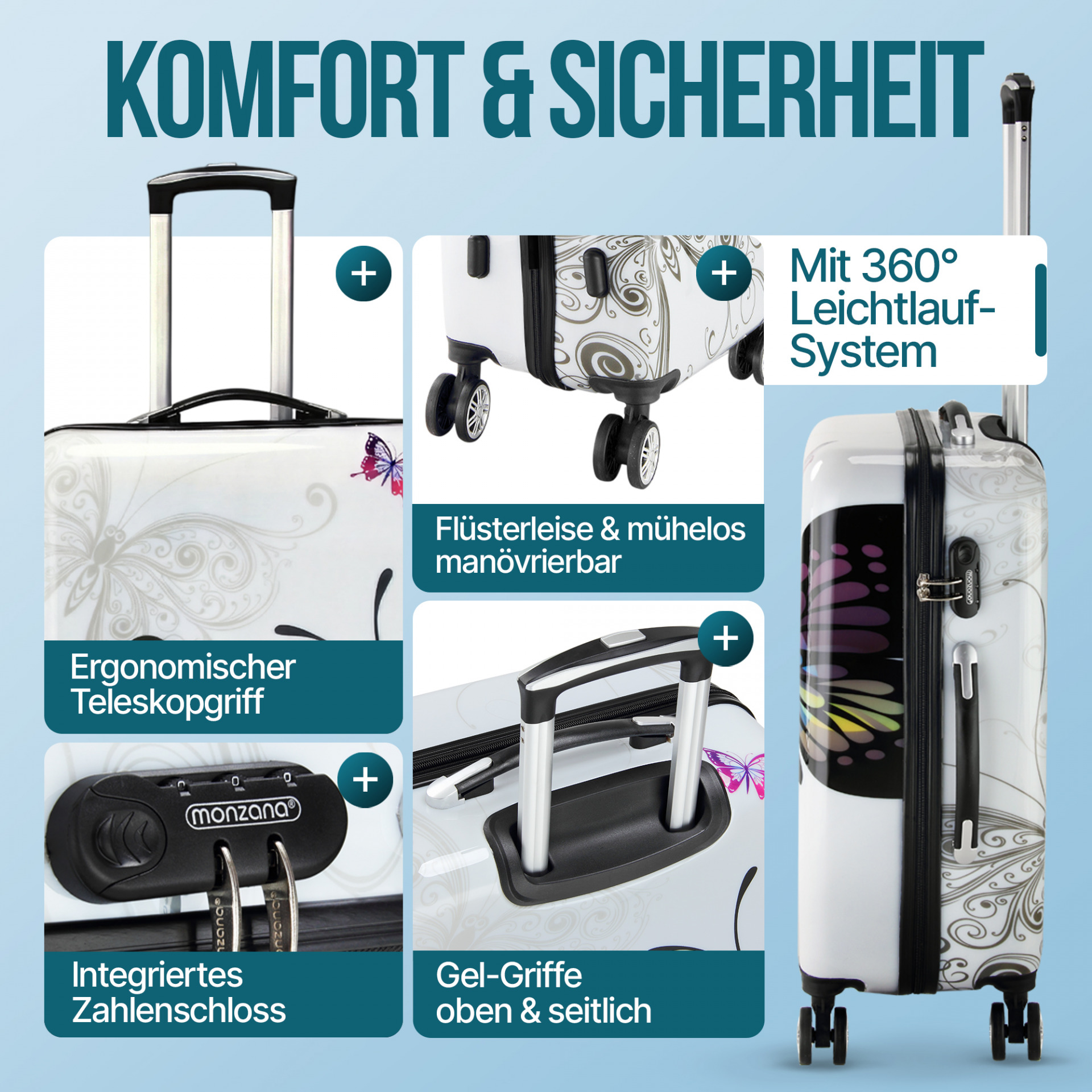 Hartschalenkoffer Rollen 360º Reisekoffer Butterfly Polycarbonat 98L