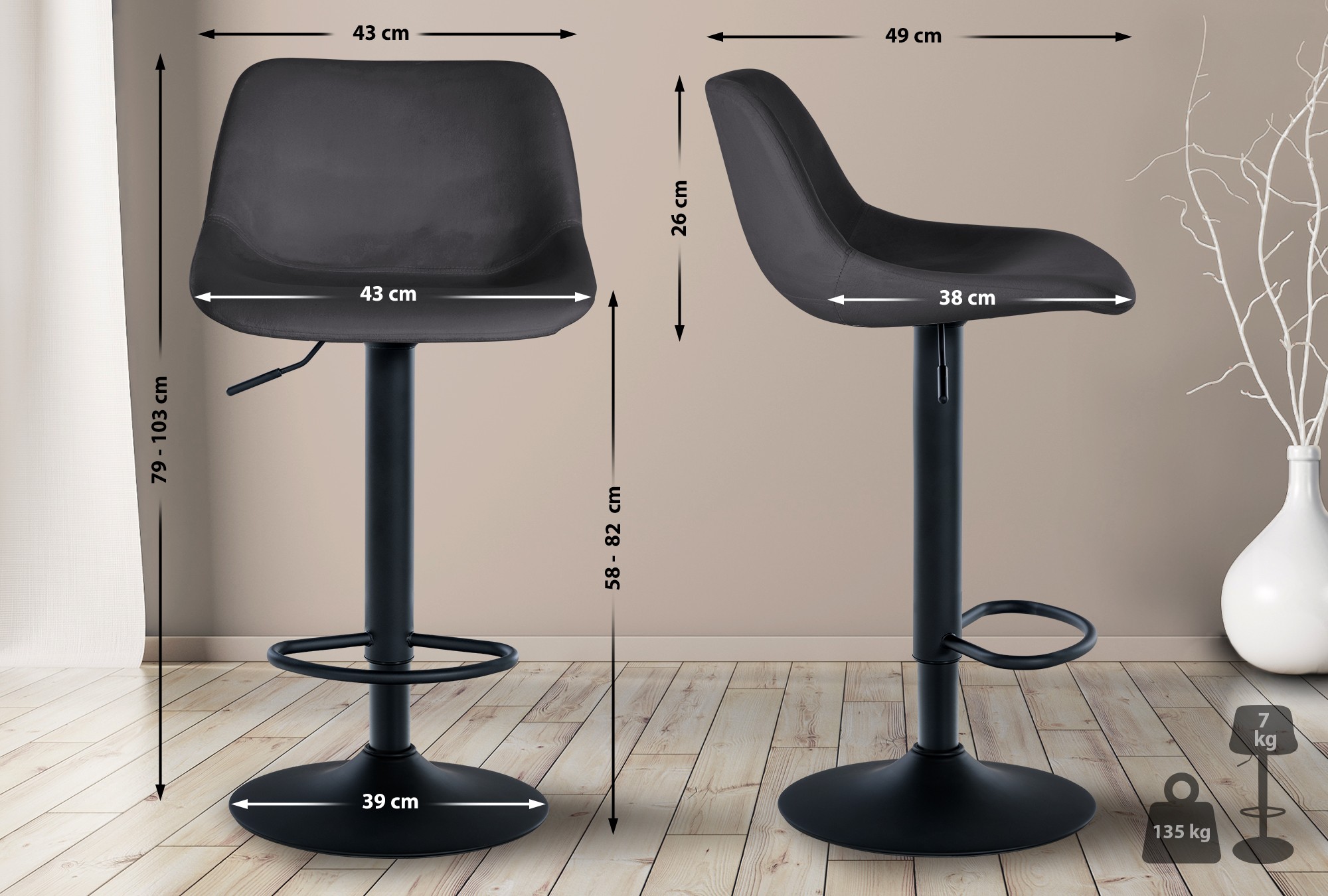 Barhocker Loft Samt, dunkelgrau