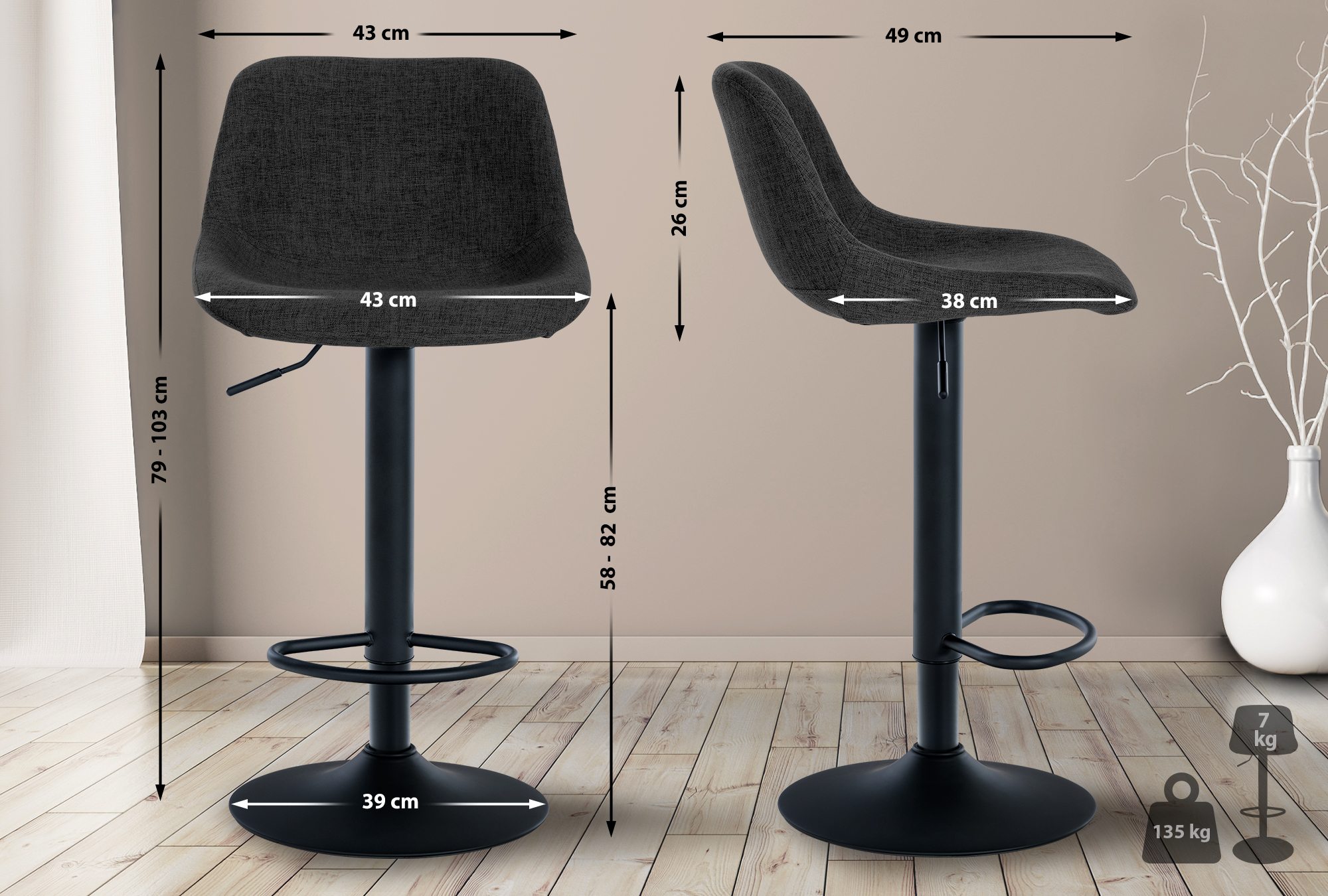 2er Set Barhocker Loft Stoff, schwarz