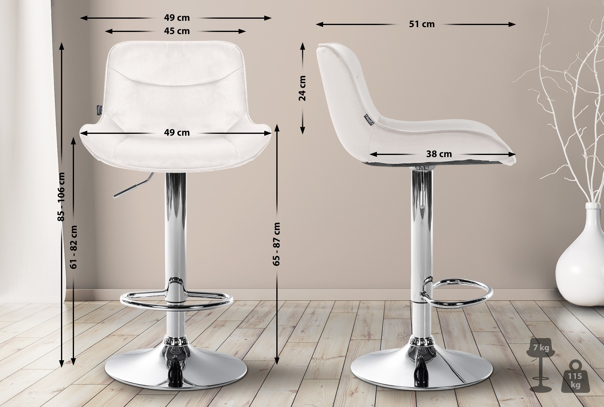 Barhocker Vonore Samt chrom, creme