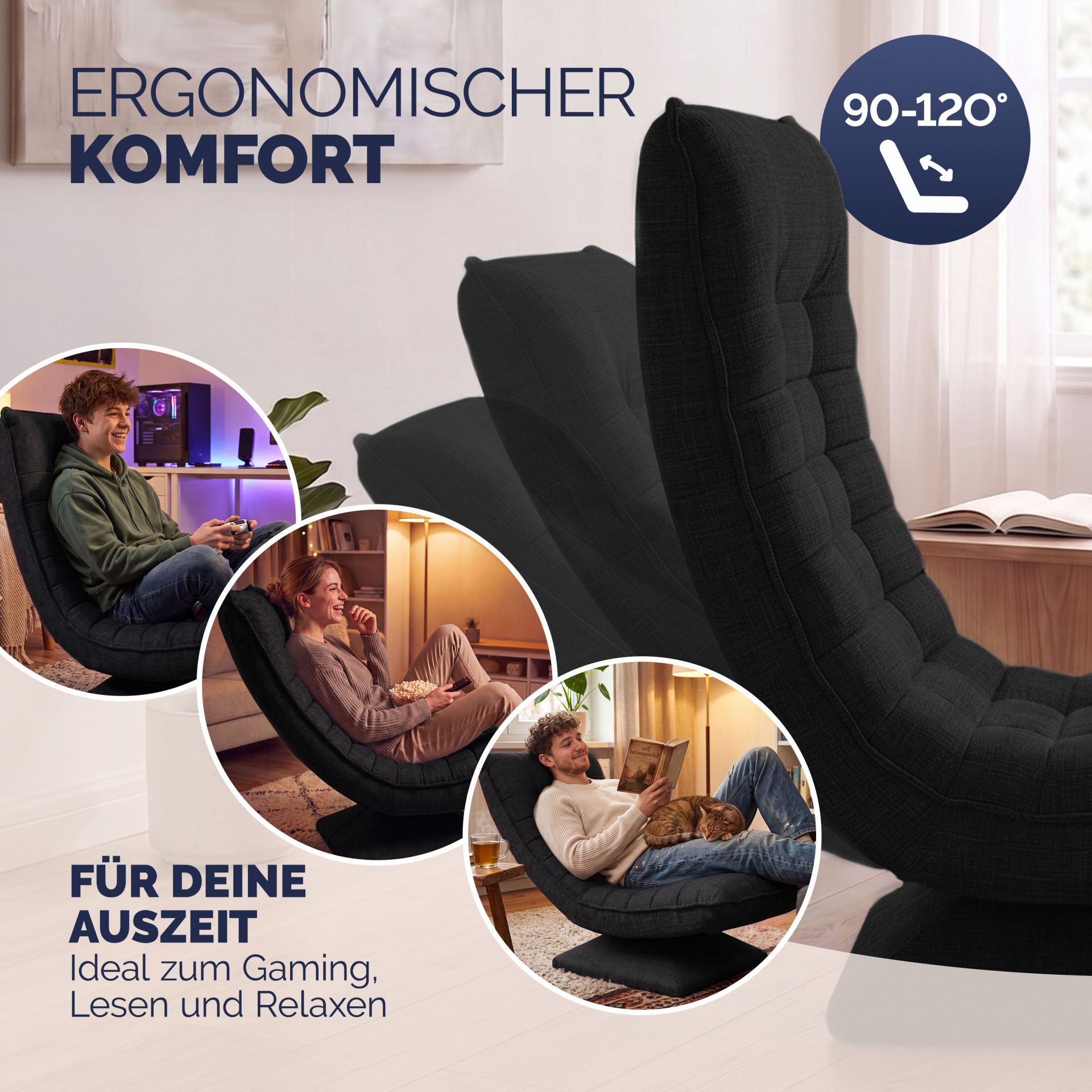 Sessel Aberdeen Schwarz Stoff 5fach verstellbar 360 Grad drehbar klappbar