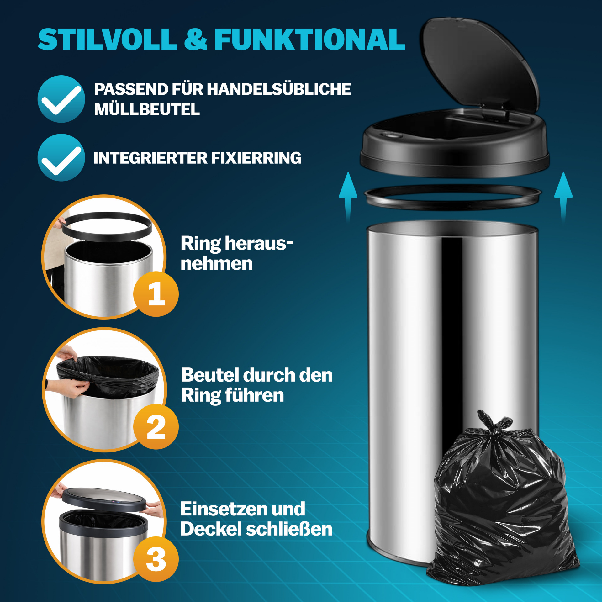Sensor Mülleimer Silber Edelstahl 30L
