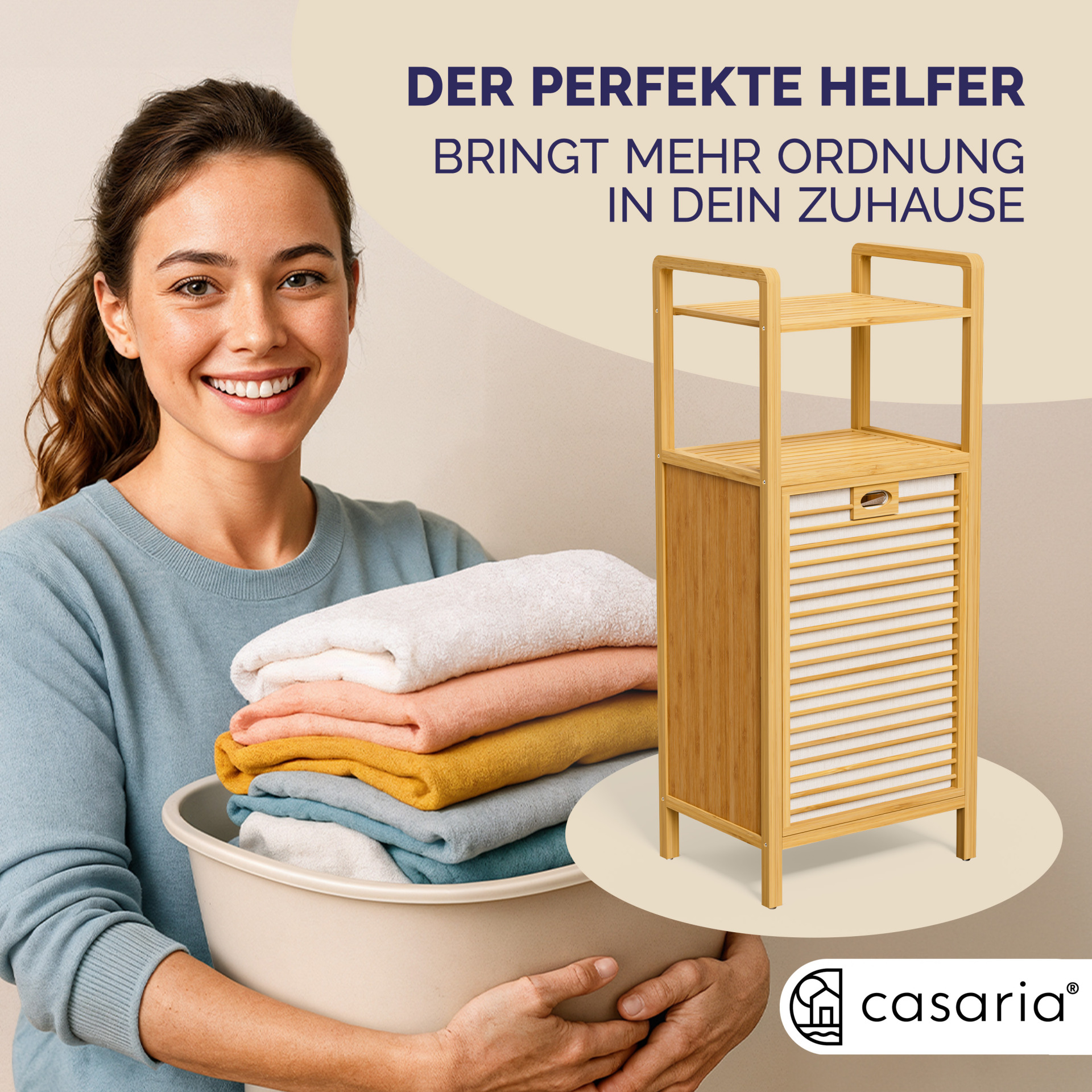 Badregal Wäschekorb Bambus 43L Wäschesack herausnehmbar
