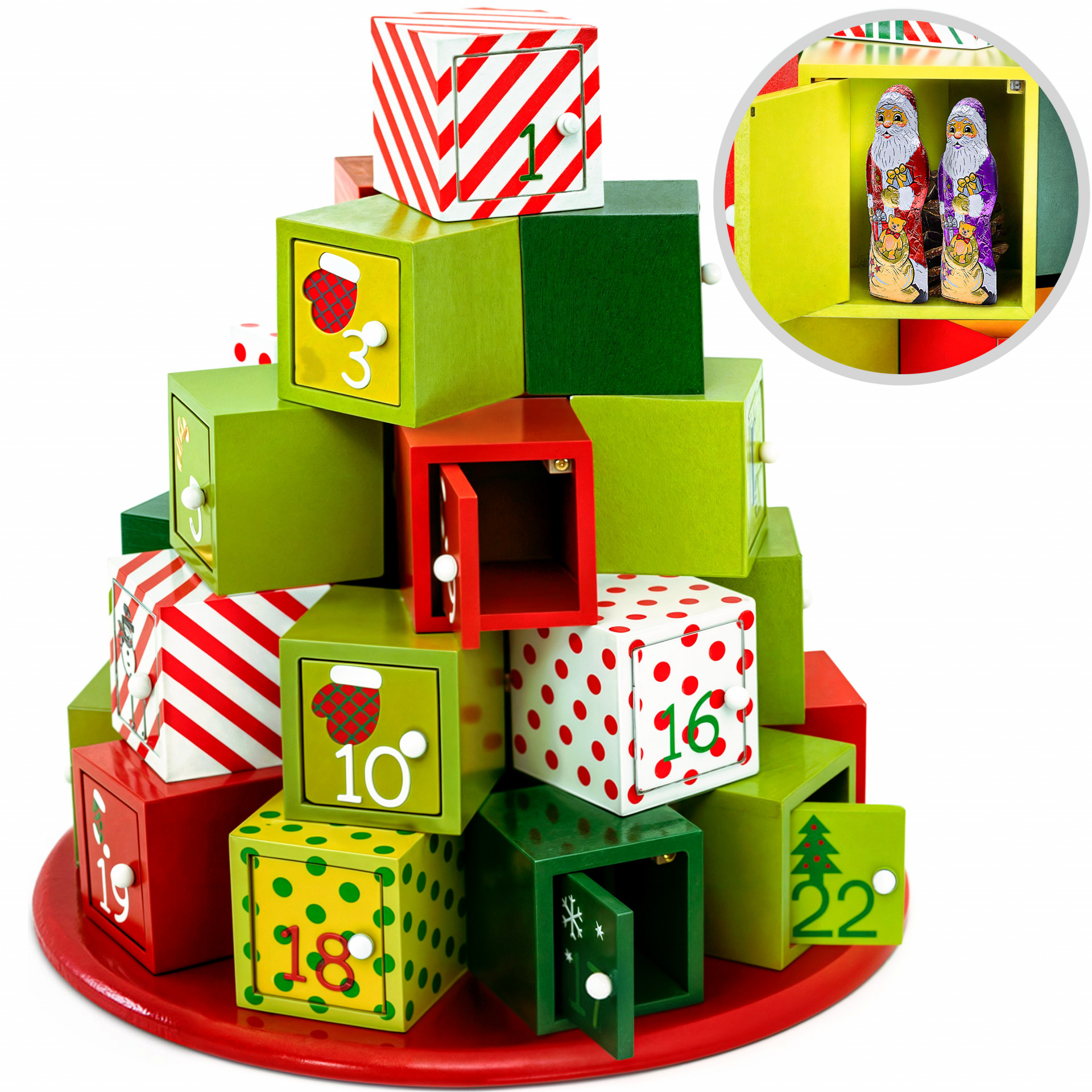 Adventskalender Geschenkpyramide Holz rund