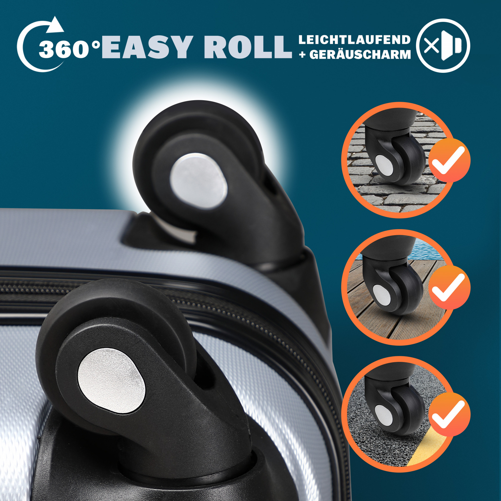 Hartschalenkoffer L Rollen 360º Reisekoffer 62L Silber ABS