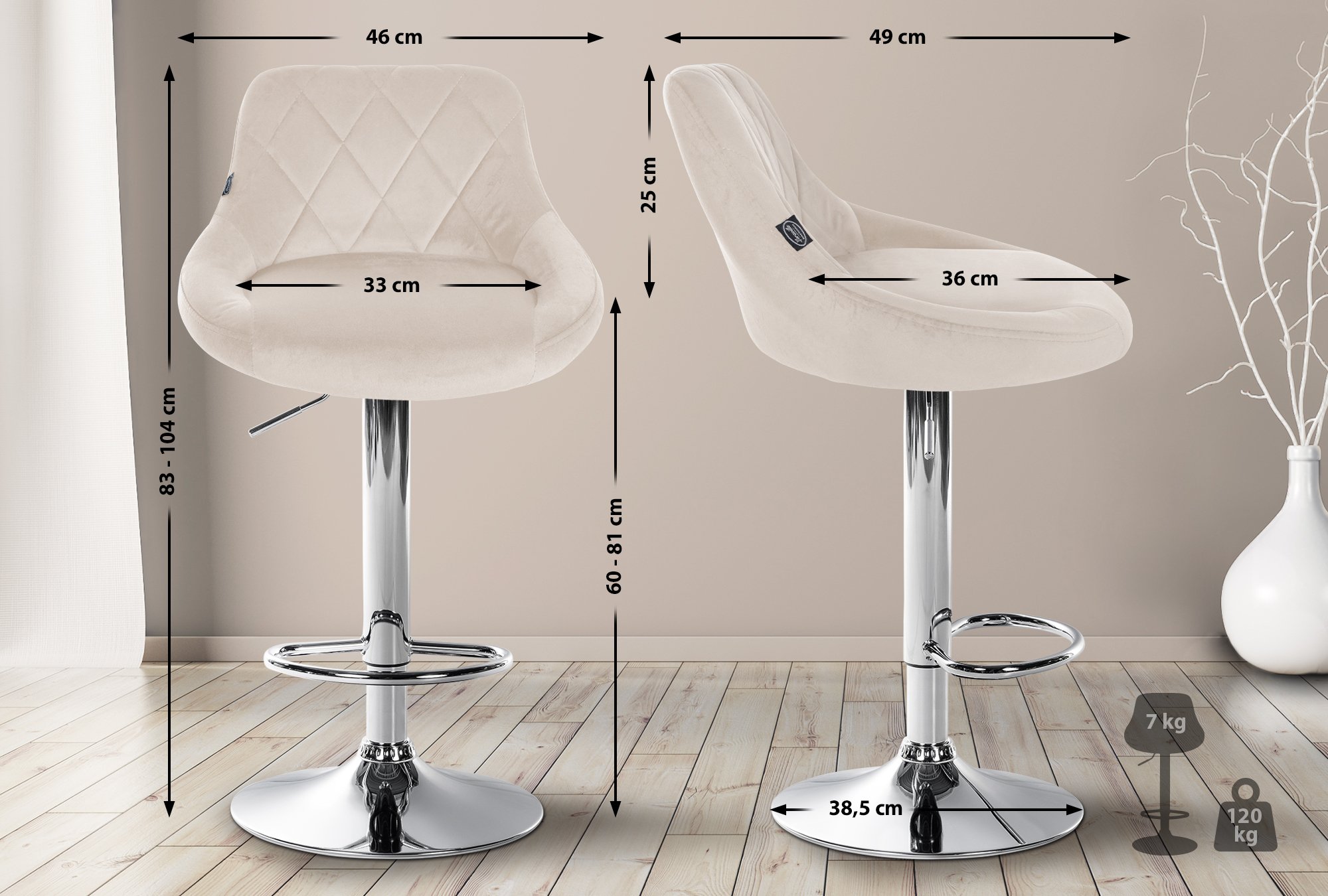 2er Set Barhocker Lazio Samt chrom, creme