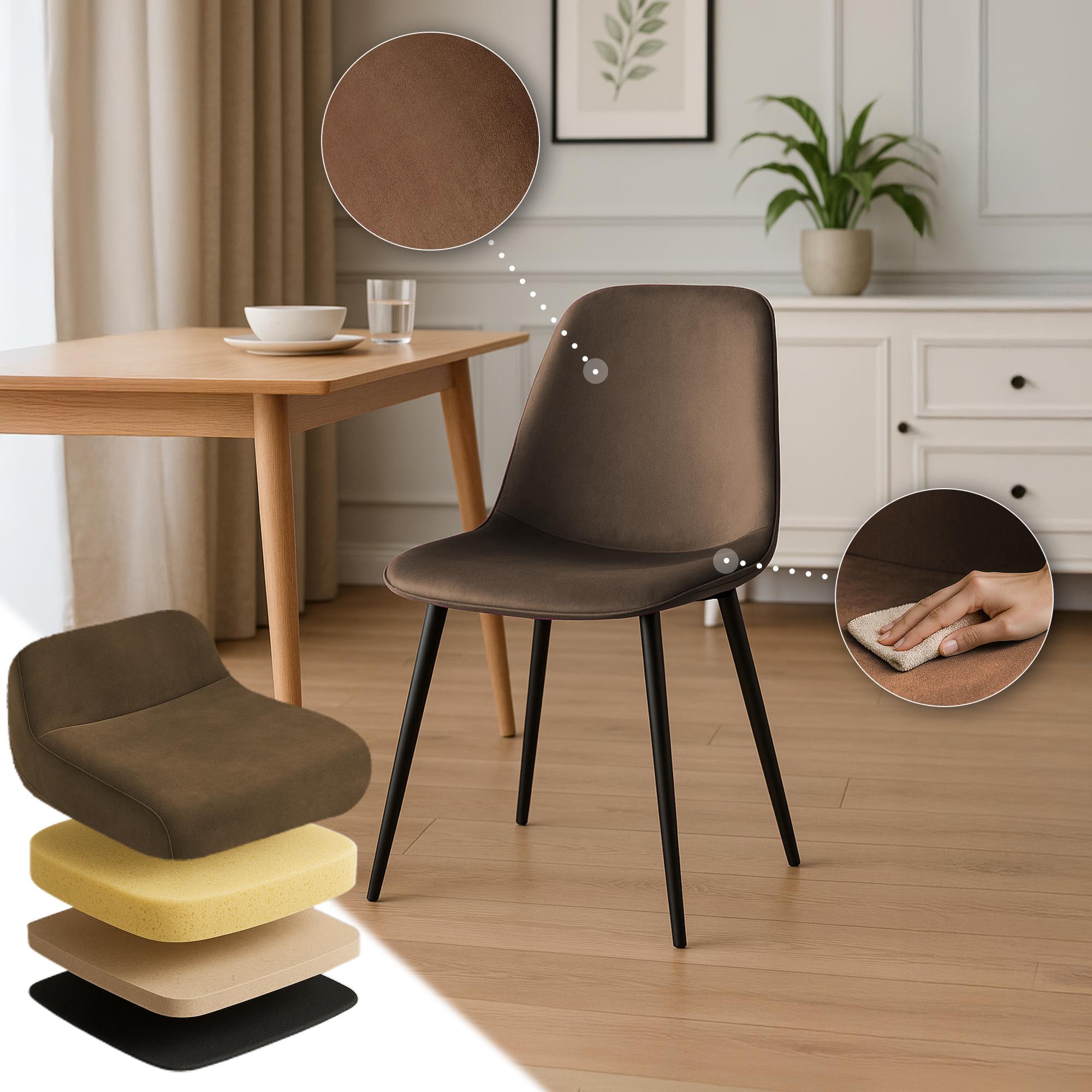 4er Set Esszimmerstuhl Maryam Samt, braun