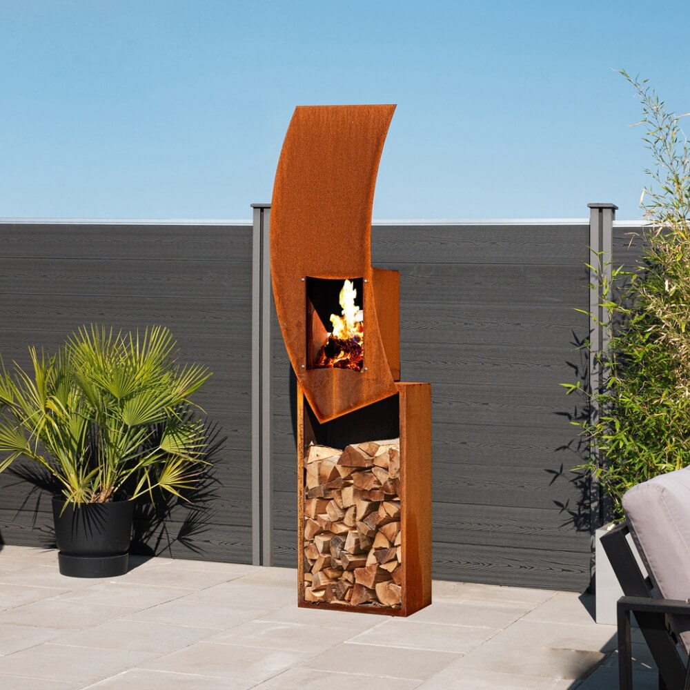 Gartenkamin mit Holzlager SWING - Made in Germany