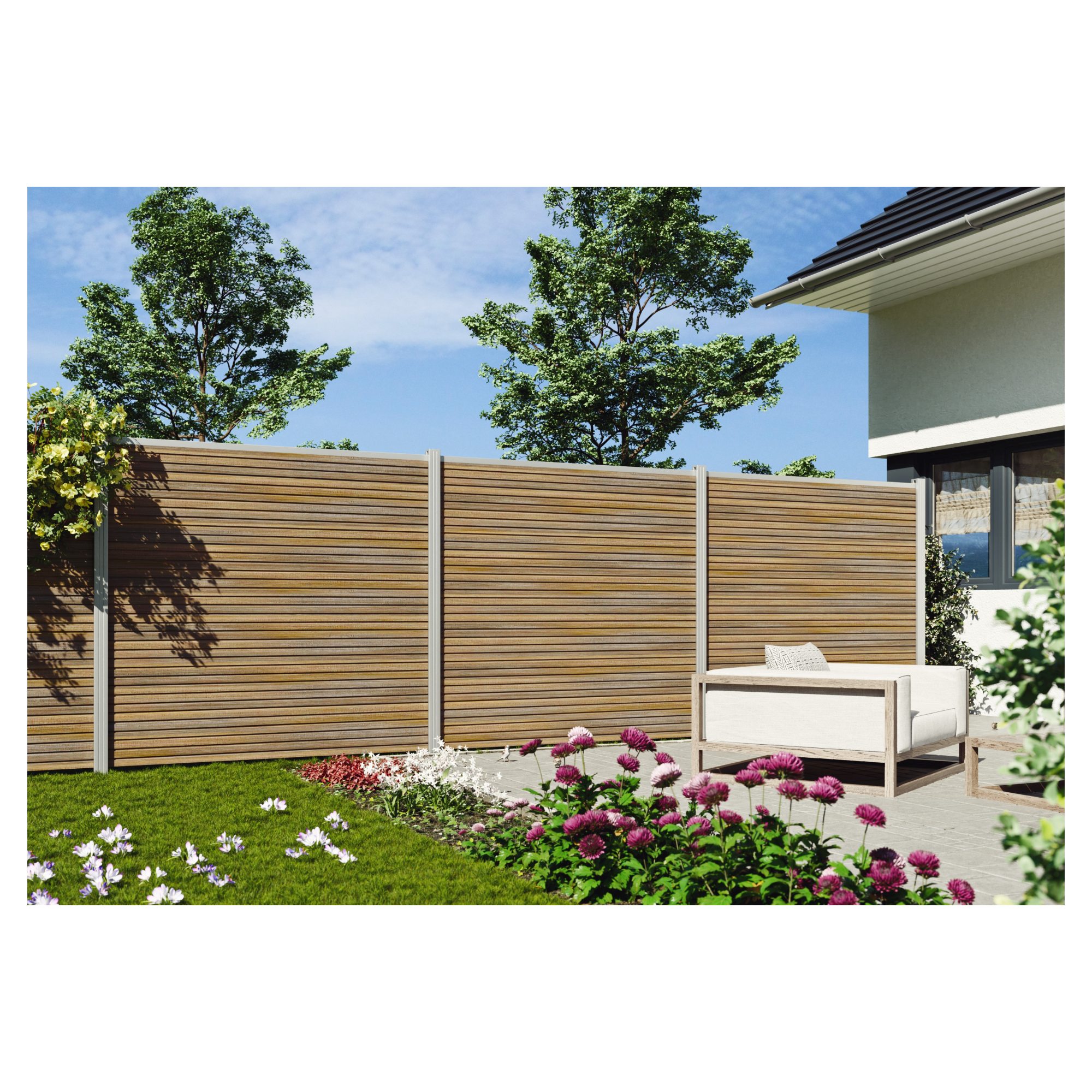 WAREN-Serie, WPC-Steckzaun-Set, ca. 175 x 180 cm, TEAK, Abschlussleiste und Clips separat in silber oder anthrazit