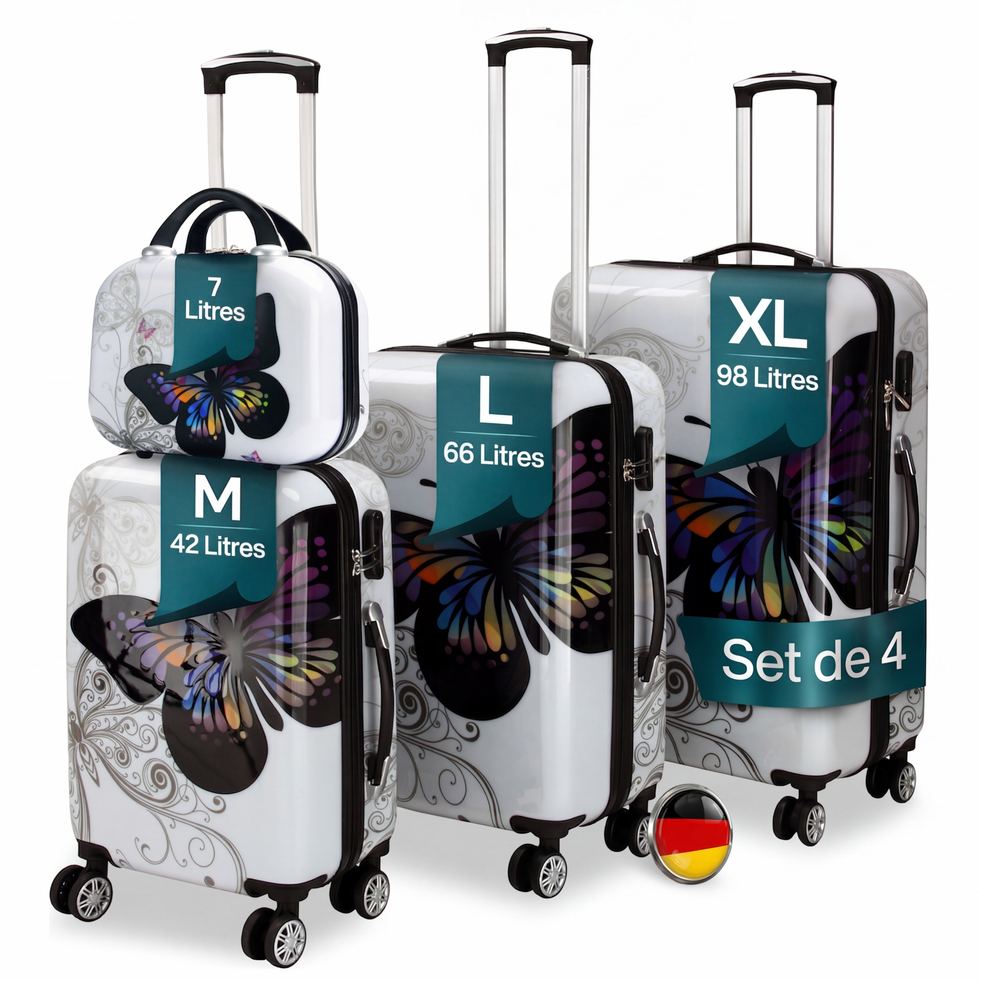 Hartschalenkoffer Set 4-tlg Rollen 360º Beautycase Butterfly Polycarbonat