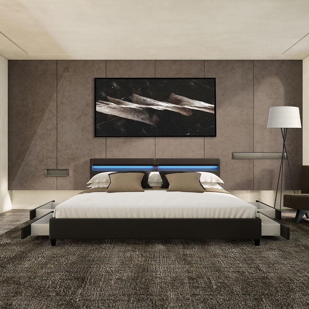 LED Bett mit Schubladen NUBE - 200 x 200 cm ohne Matratze Schwarz
