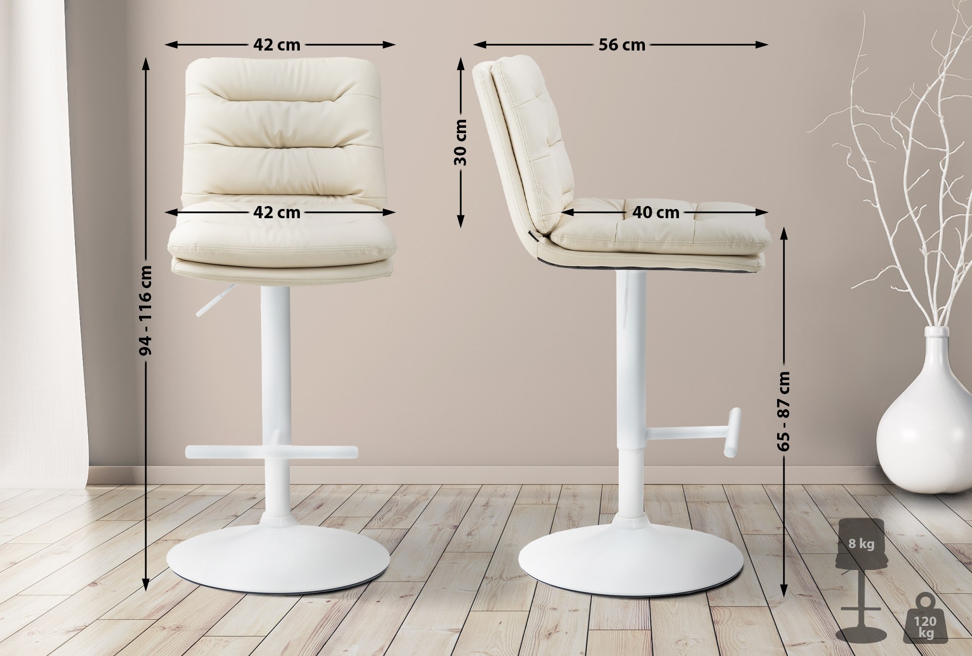 2er Set Barhocker Damar Kunstleder weiß, creme
