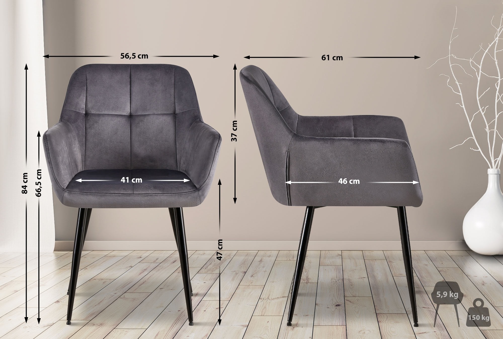 2er Set Esszimmerstuhl Emia Samt, grau