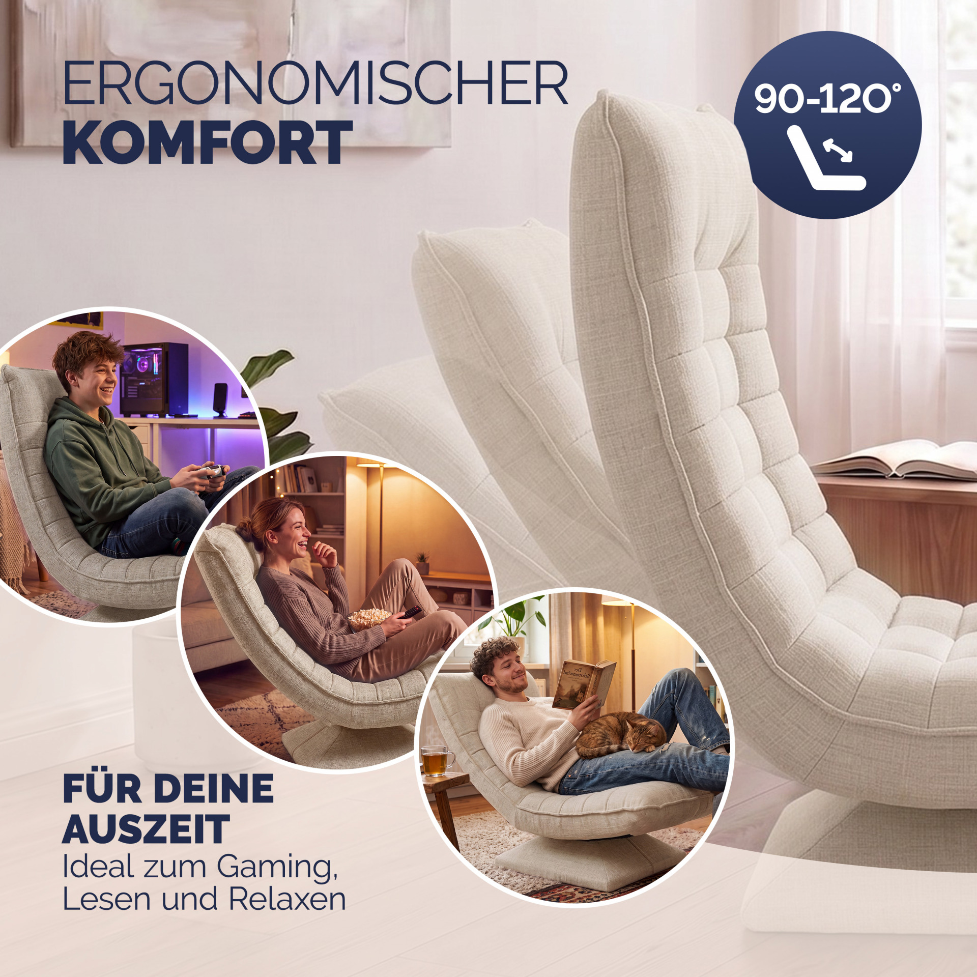 Sessel Aberdeen Creme Stoff 5fach verstellbar 360 Grad drehbar klappbar