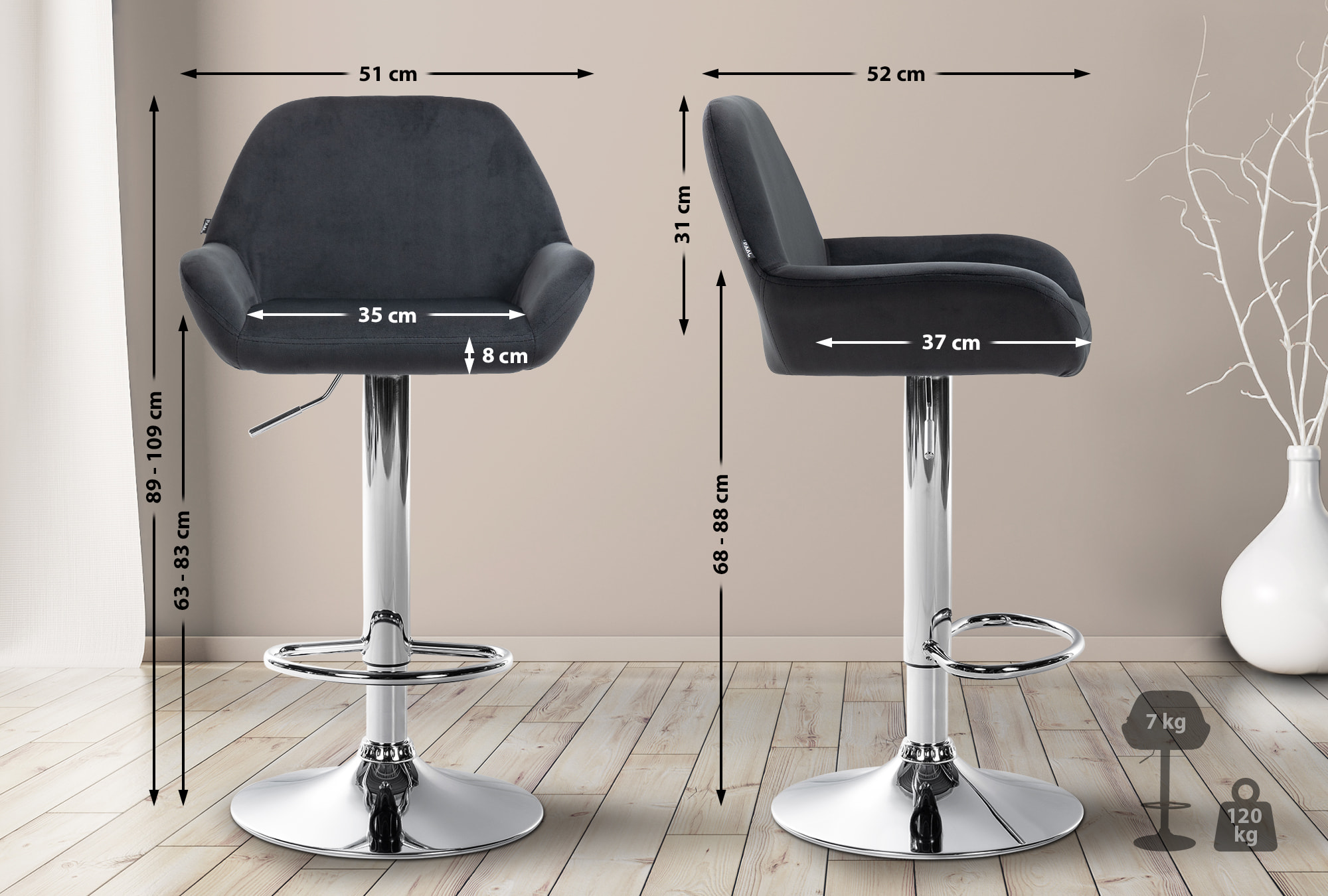 2er Set Barhocker Braga Samt chrom, schwarz