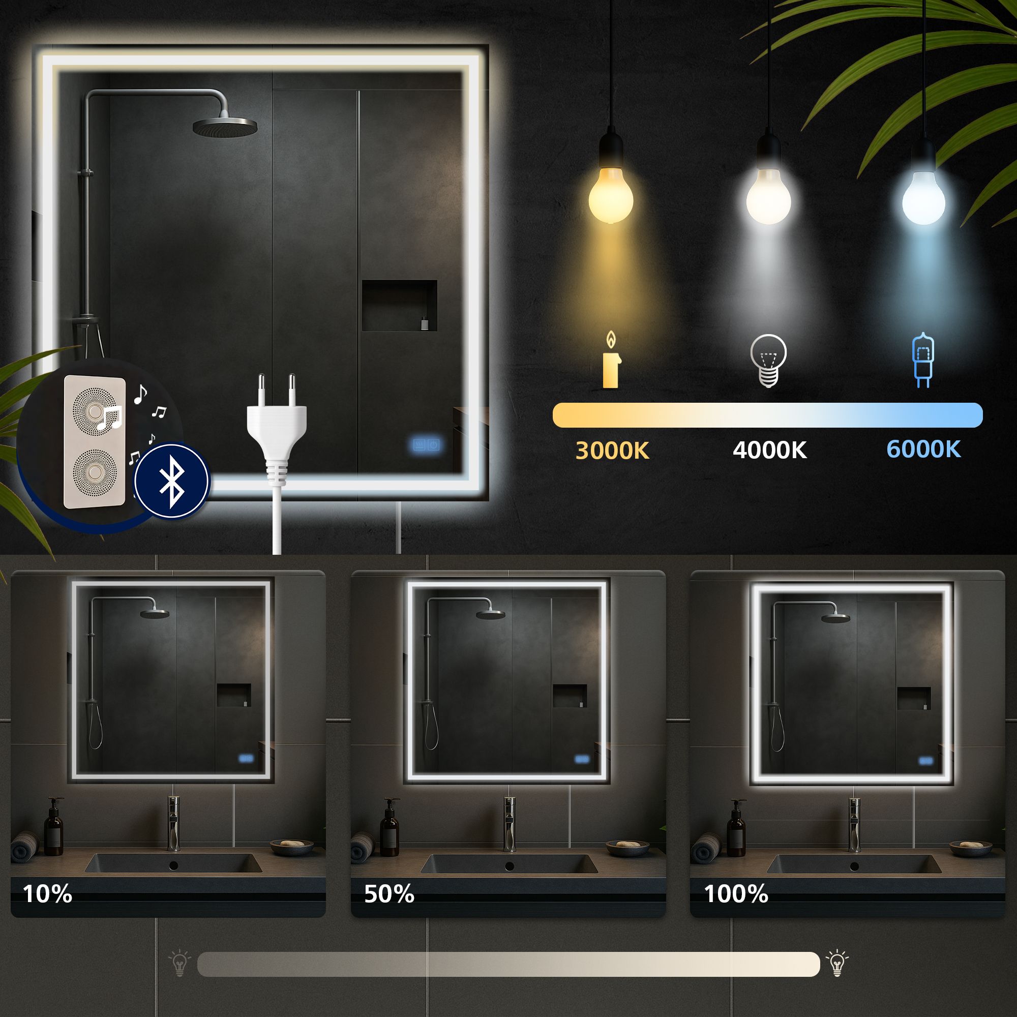 Badspiegel Jaffrey 80x80 mit Bluetooth, klarglas